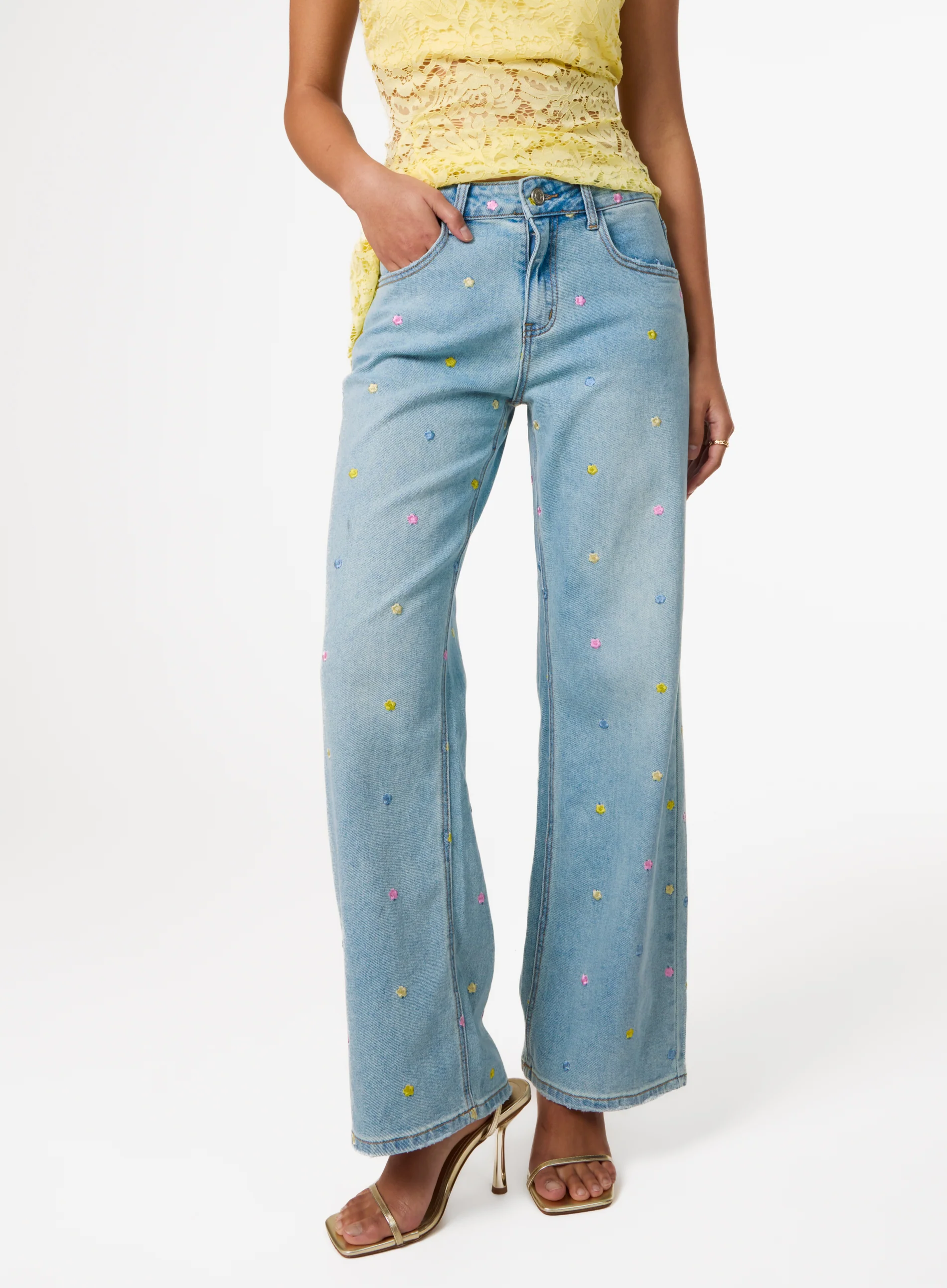 Allover Embroidered Flower Wide Leg Jeans - Image 2