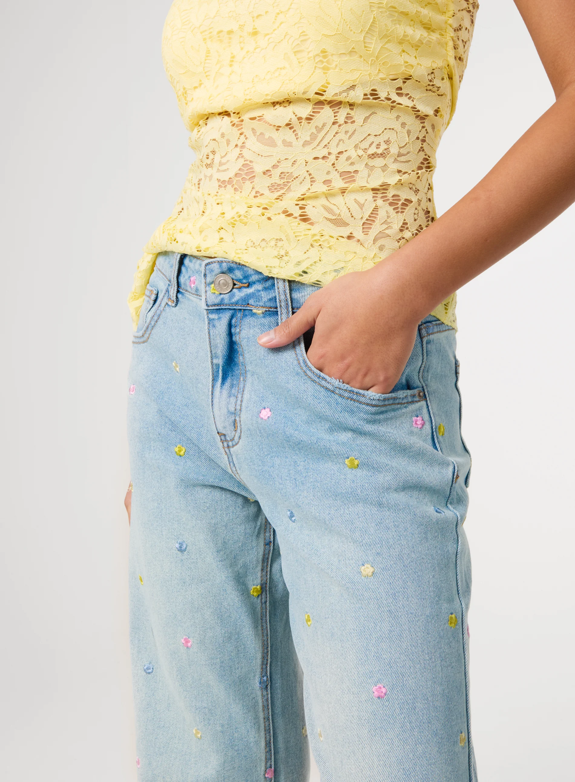 Allover Embroidered Flower Wide Leg Jeans - Image 3