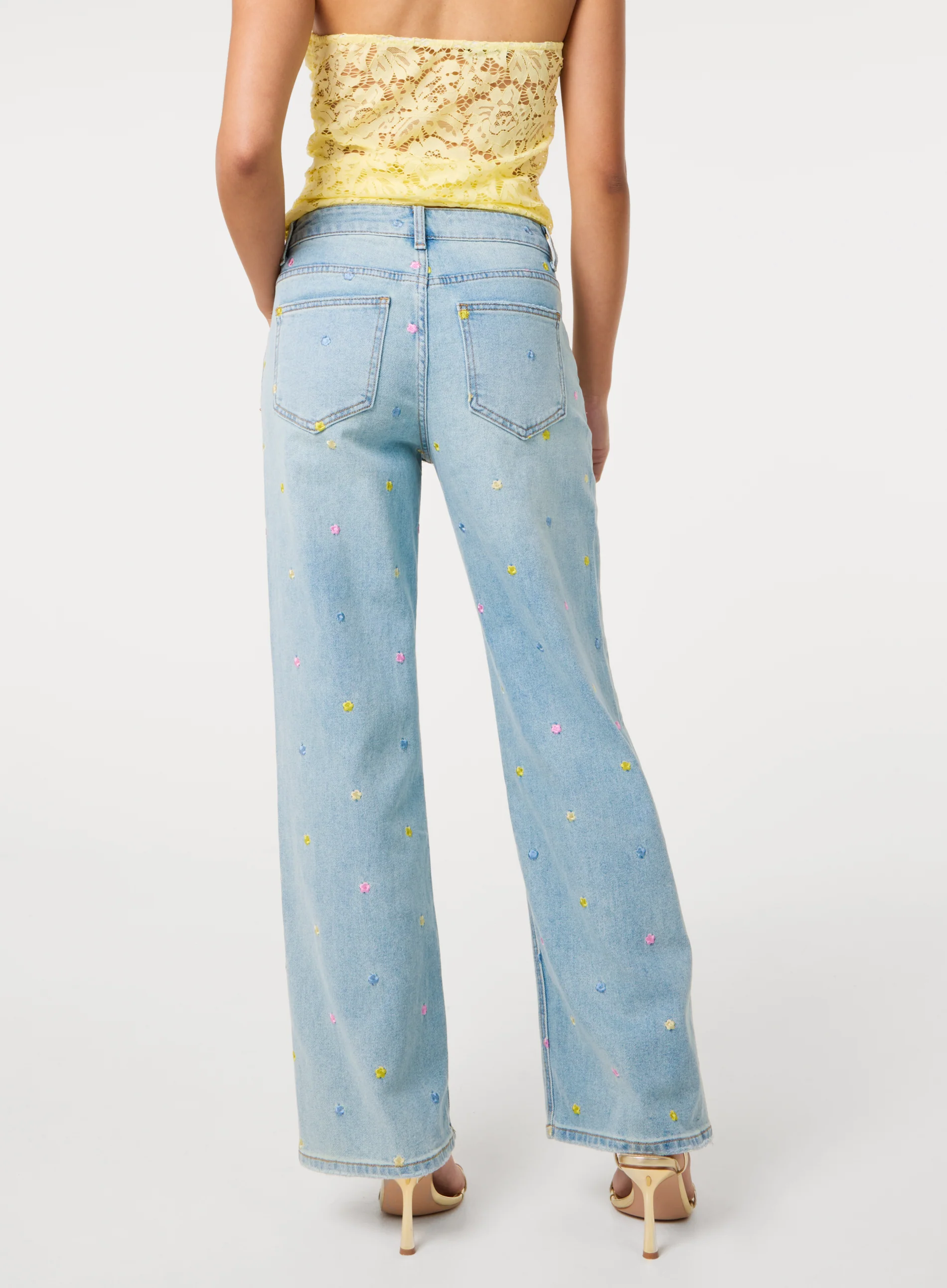Allover Embroidered Flower Wide Leg Jeans - Image 4