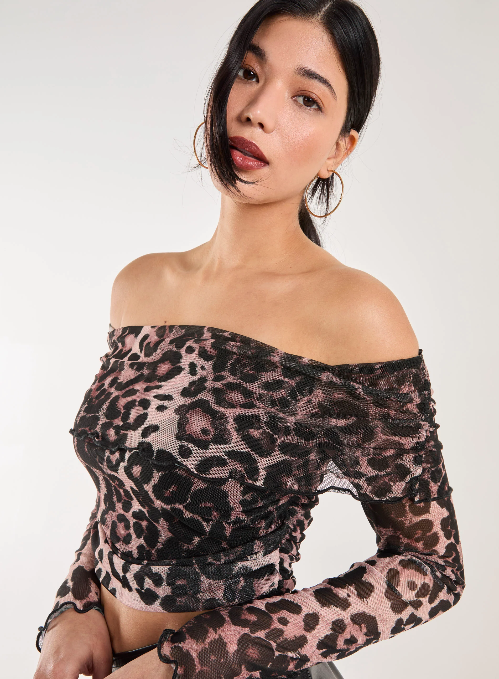 Animal Print Mesh Bardot Top - Image 3