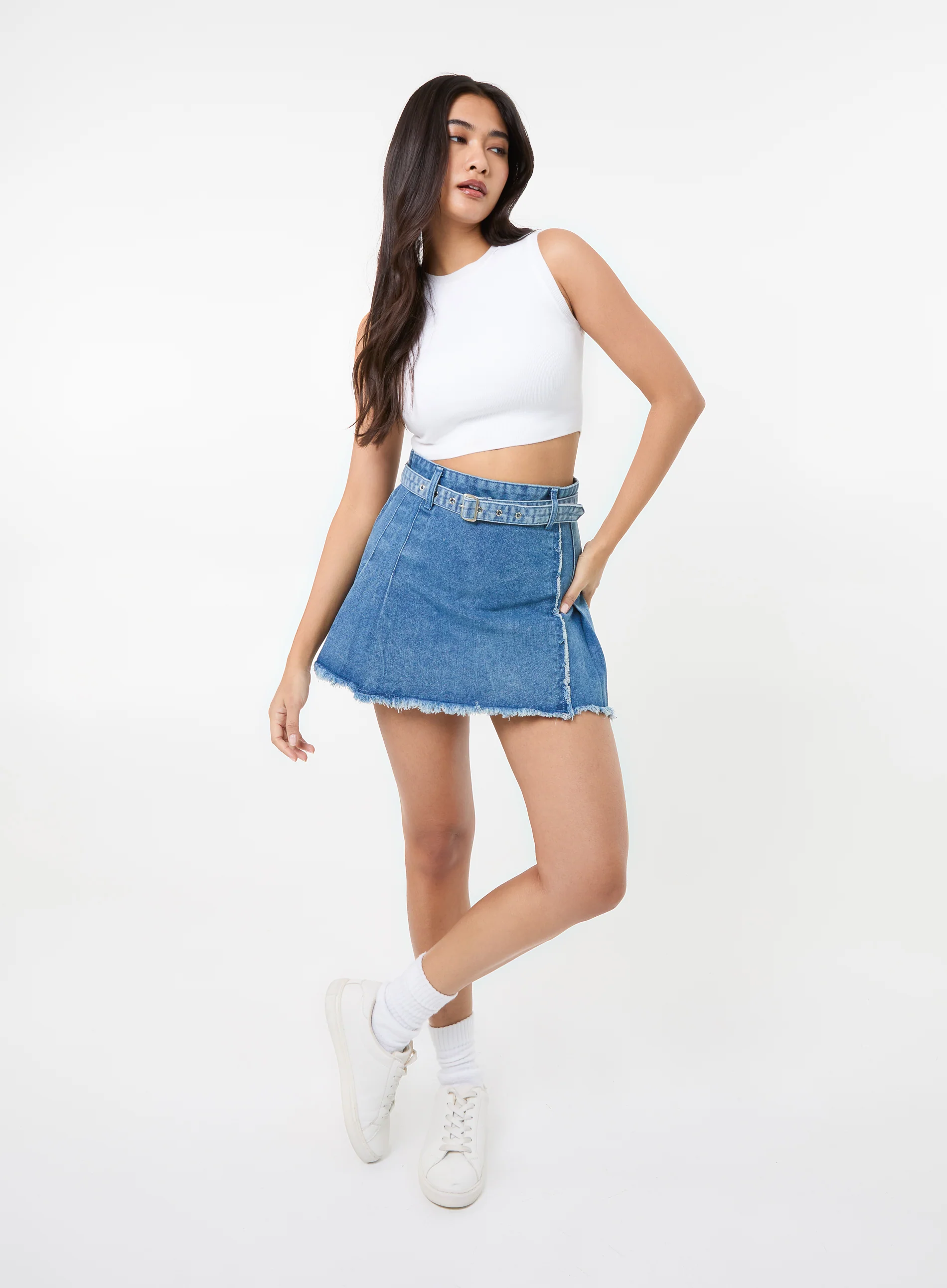 Belt Denim Pleated Mini Skirt - Image 3