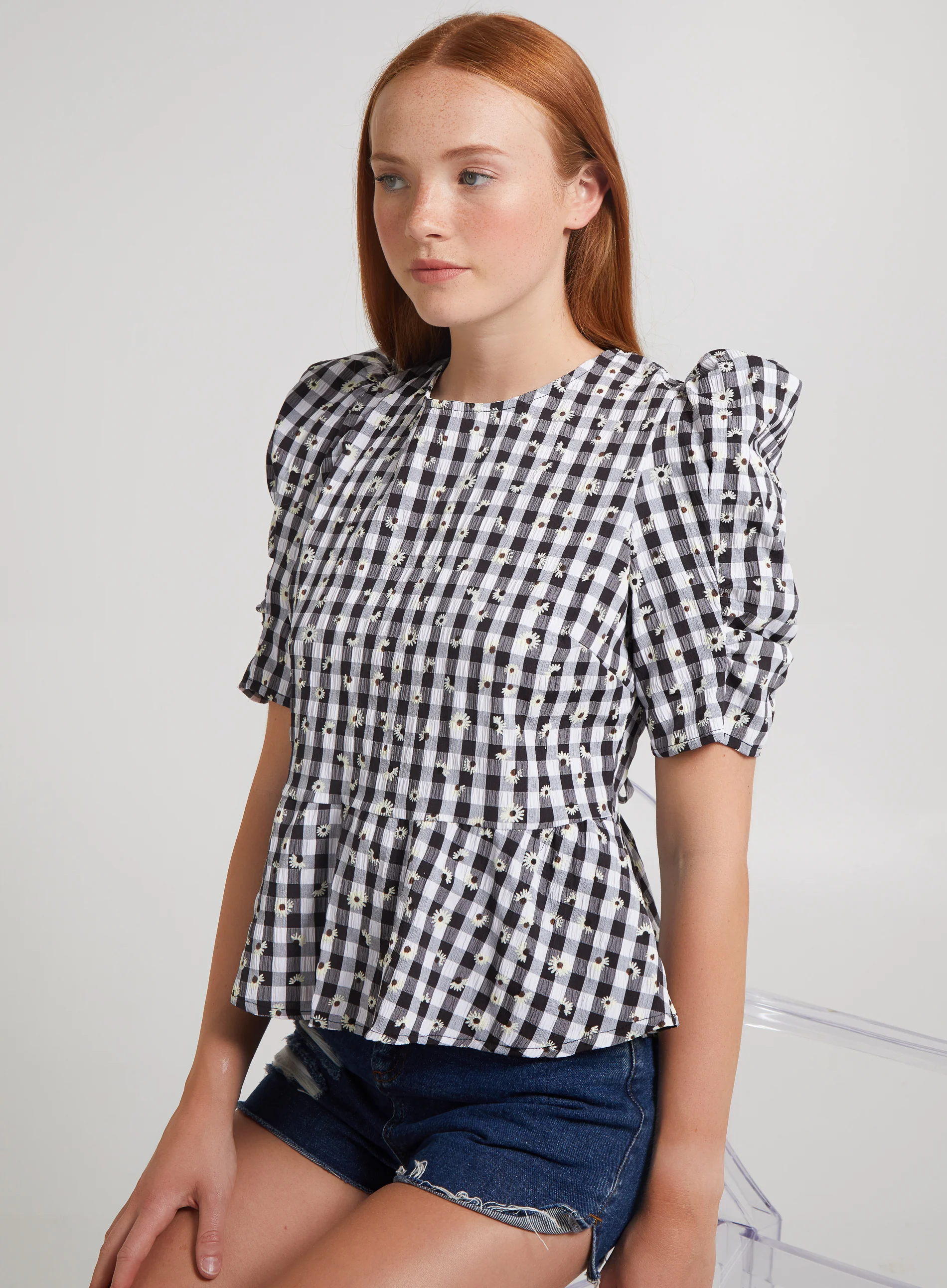 Black Check Tie Back Peplum Blouse - Image 6