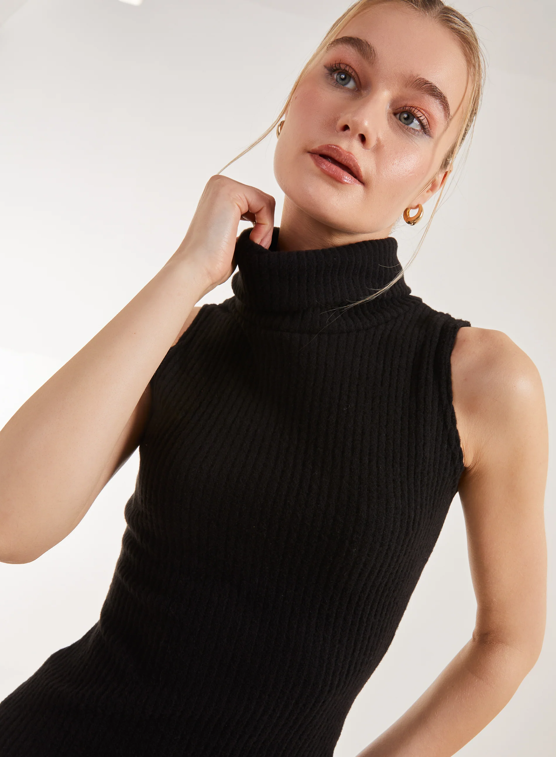 Brushed Sleeveless Polo Neck Mini Dress - Image 3