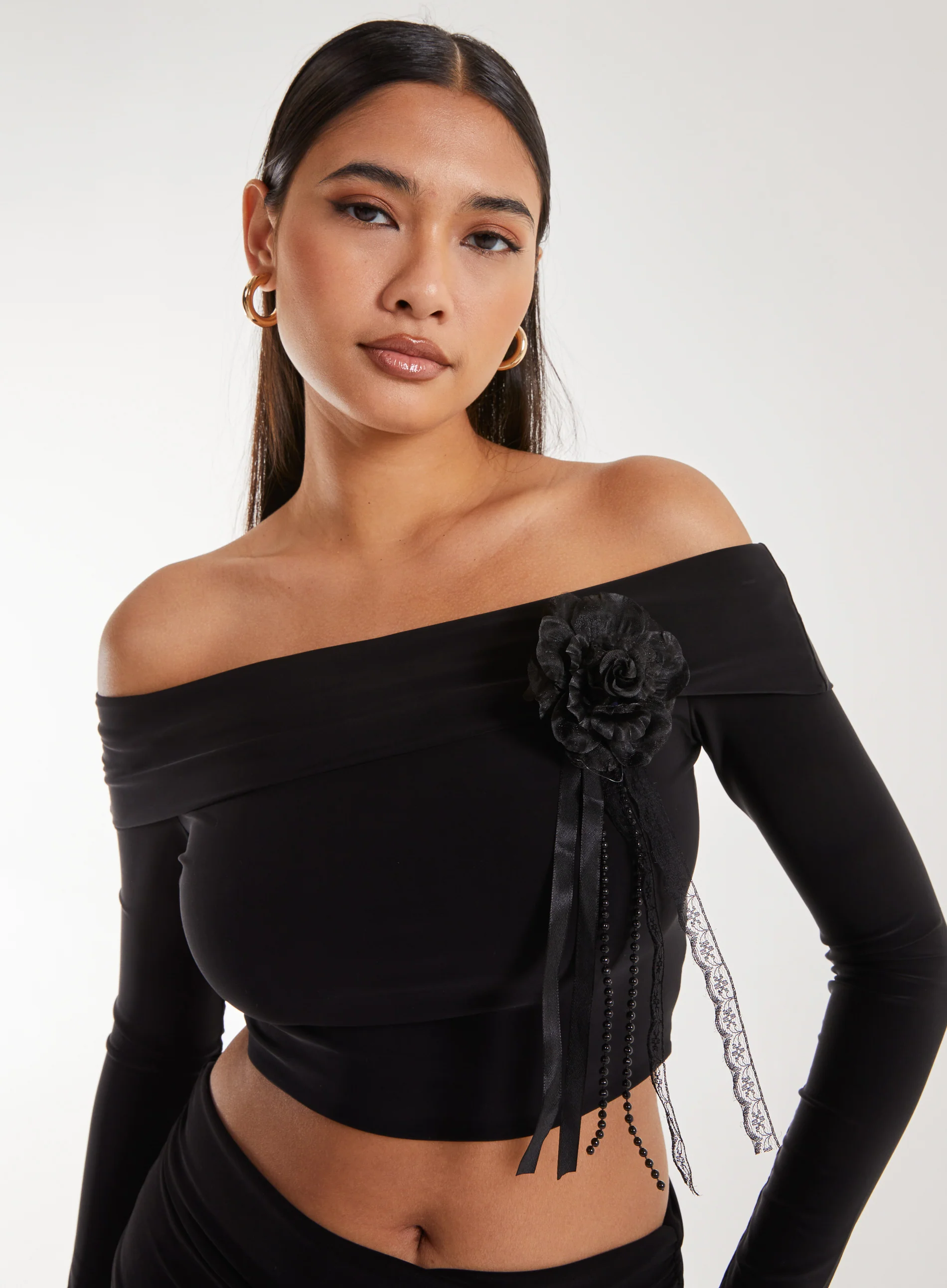 Corsage Detail Bardot Long Sleeve Top - Image 3