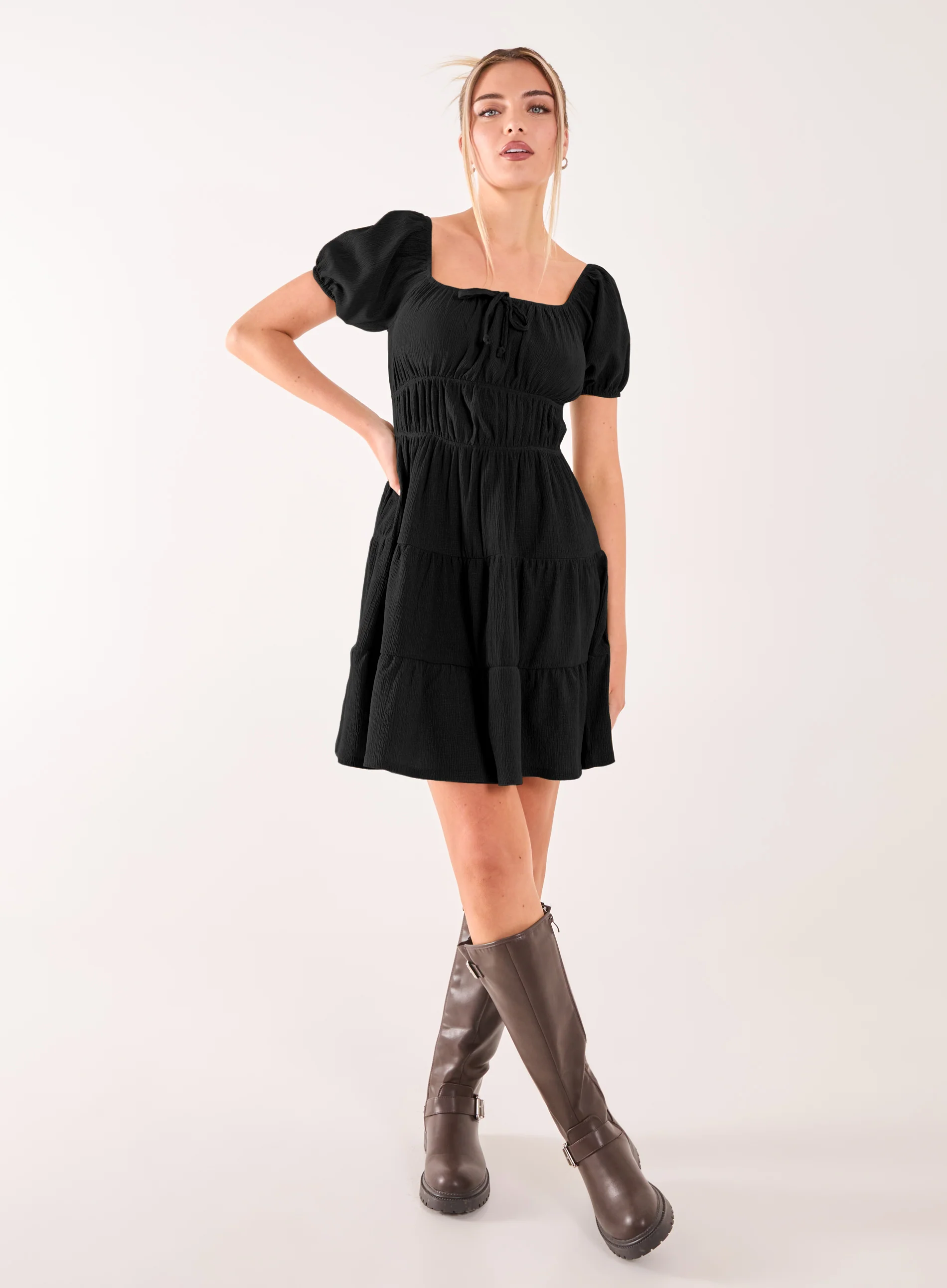 Crinkle Puff Sleeve Tiered Mini Dress