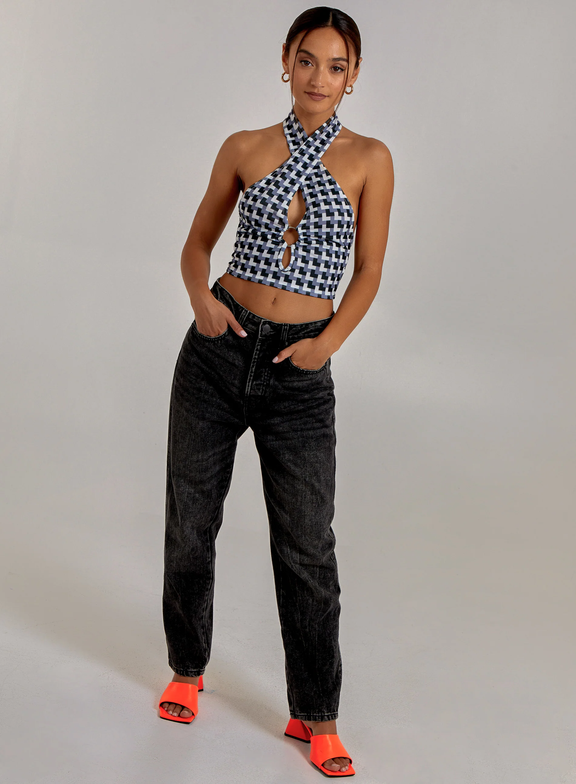 Geometric Print Cut Out Halterneck Top - Image 2