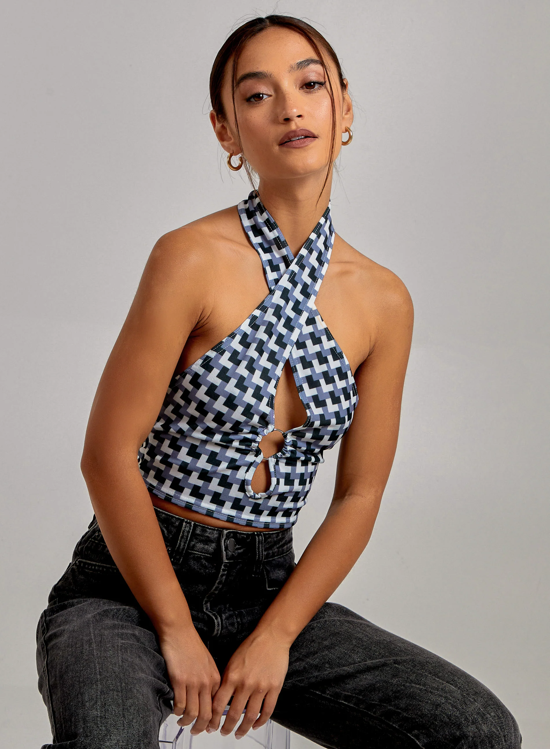 Geometric Print Cut Out Halterneck Top - Image 5