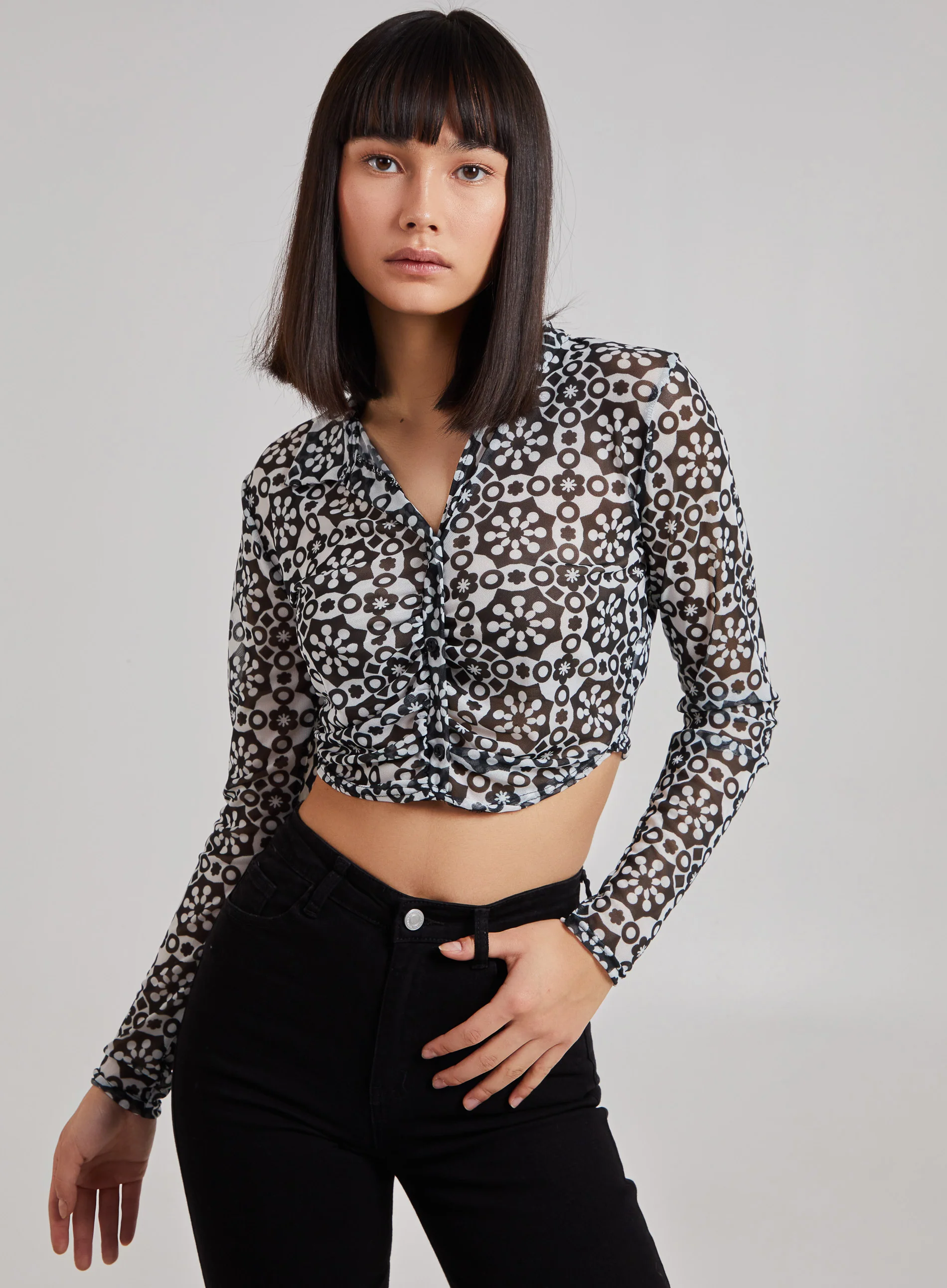 Geometric Print Mesh Button Up Top
