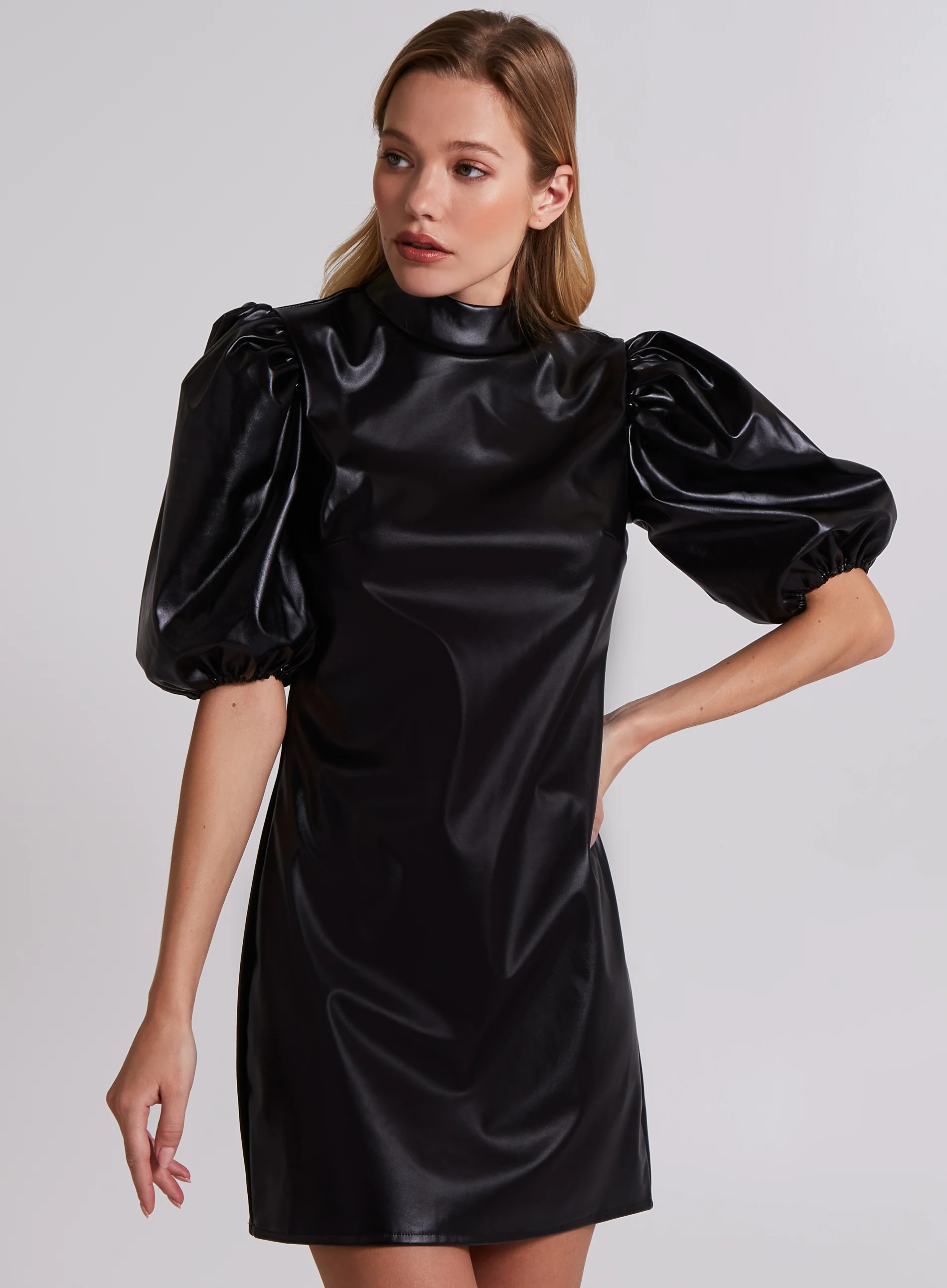 High Neck Balloon Sleeve Faux Leather Dress - Image 3