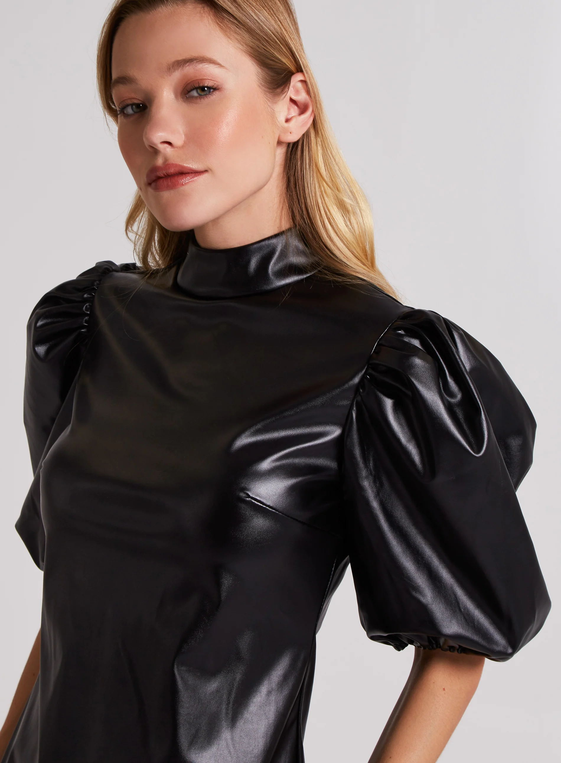High Neck Balloon Sleeve Faux Leather Dress - Image 4