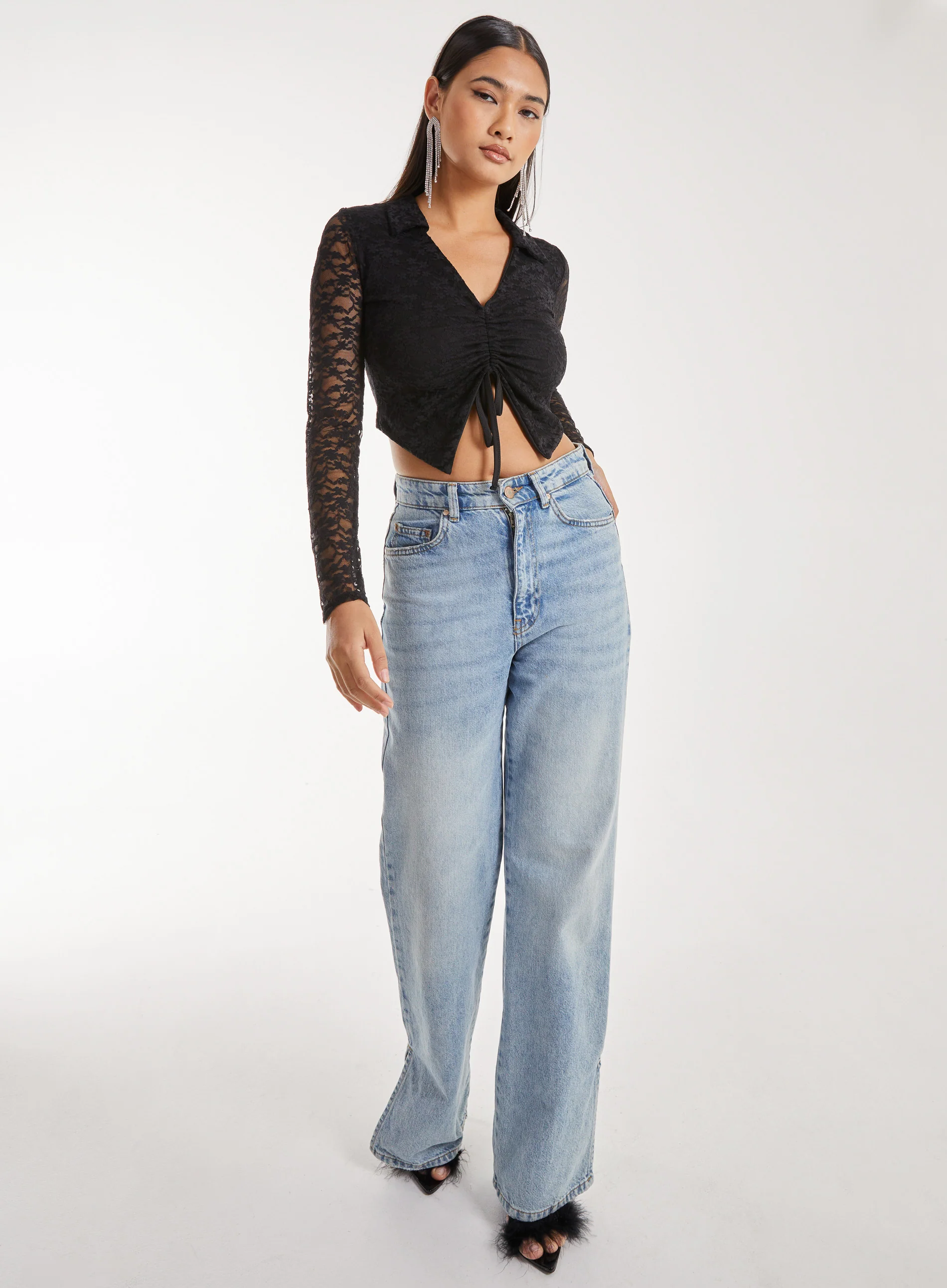 Lace Long Sleeve Tie Front Top - Image 2
