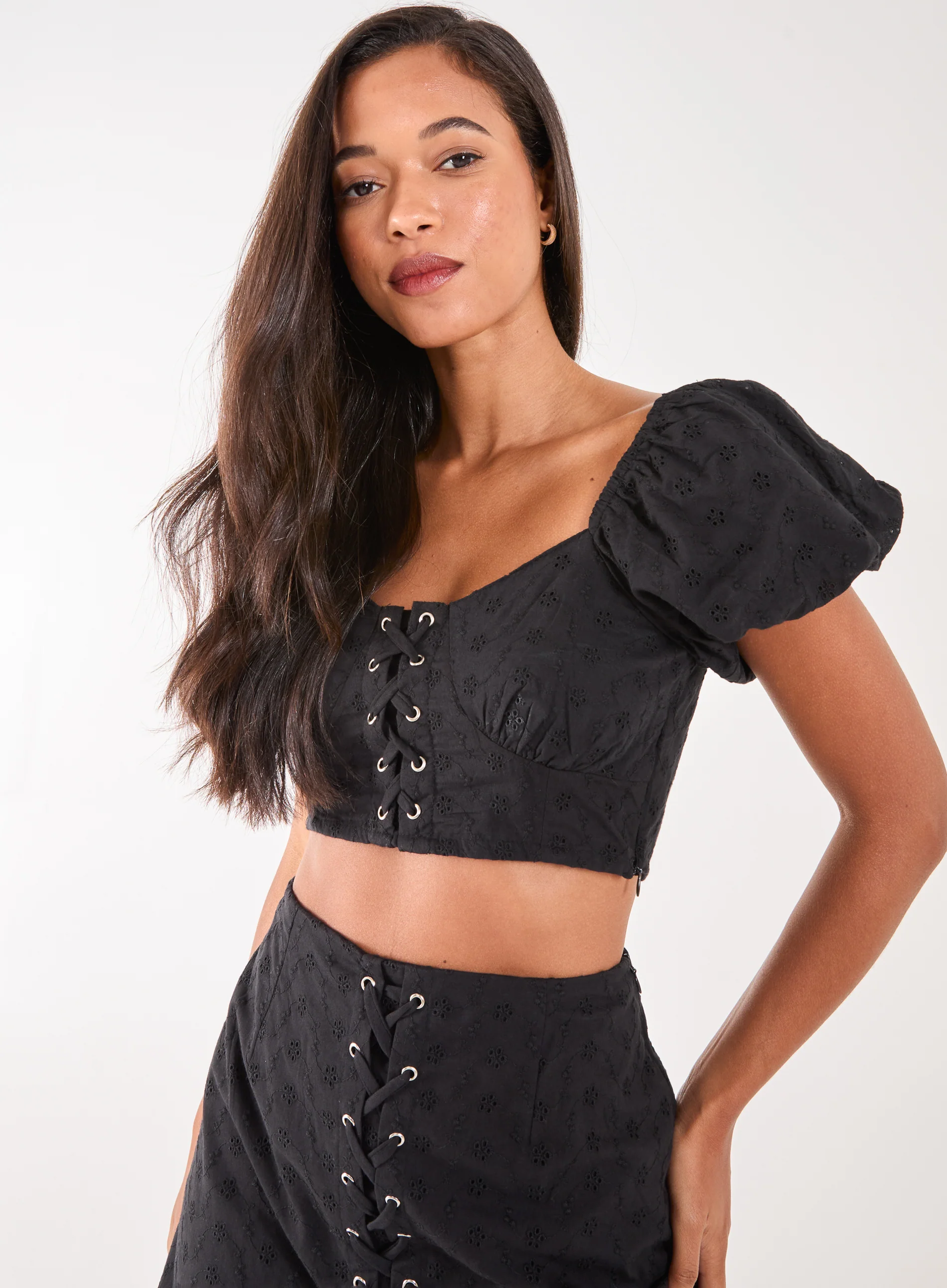 Lace Up Corset Puff Sleeve Broderie Crop Top - Image 3