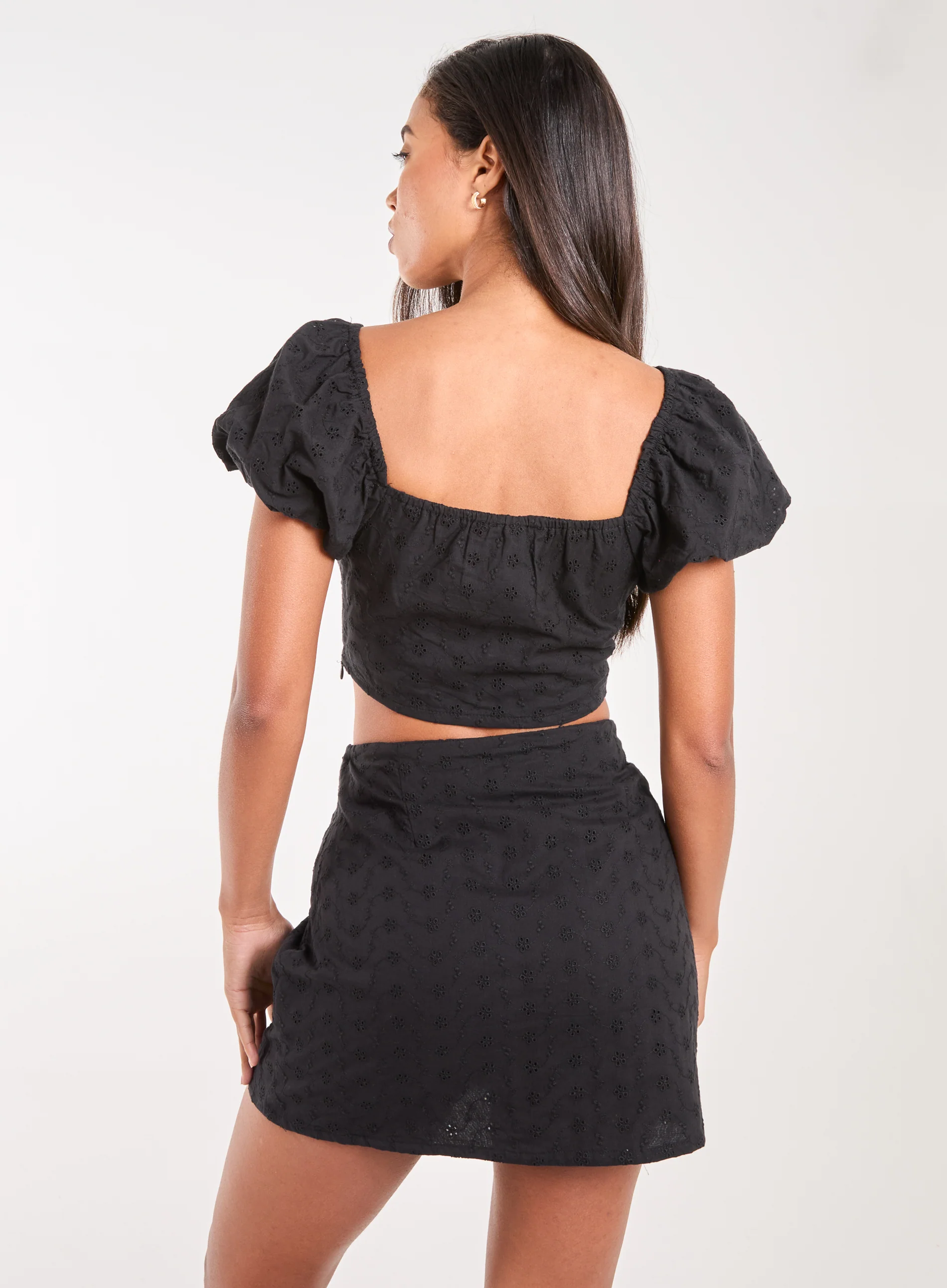 Lace Up Corset Puff Sleeve Broderie Crop Top - Image 4