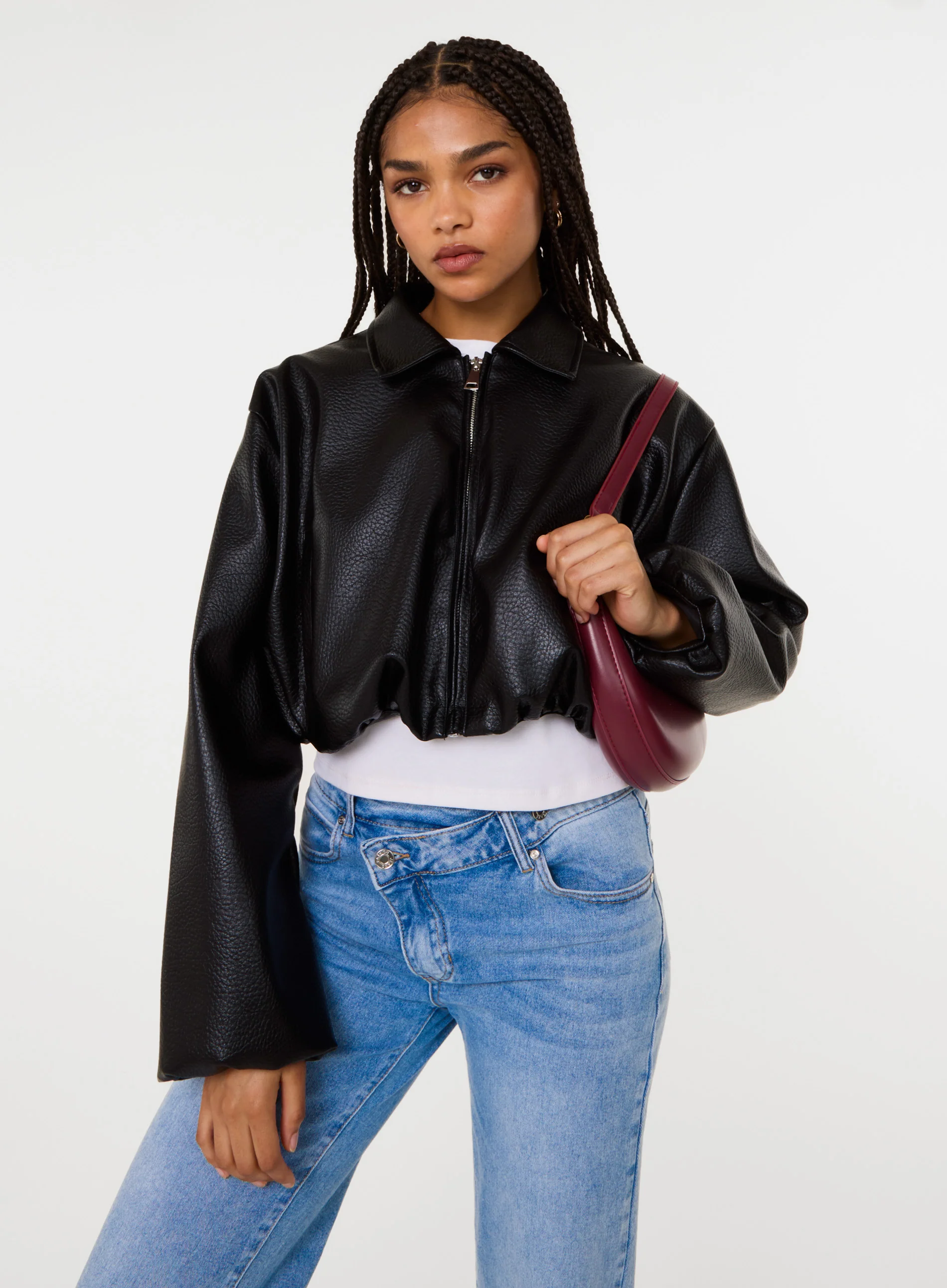 Faux Leather Puffball Jacket