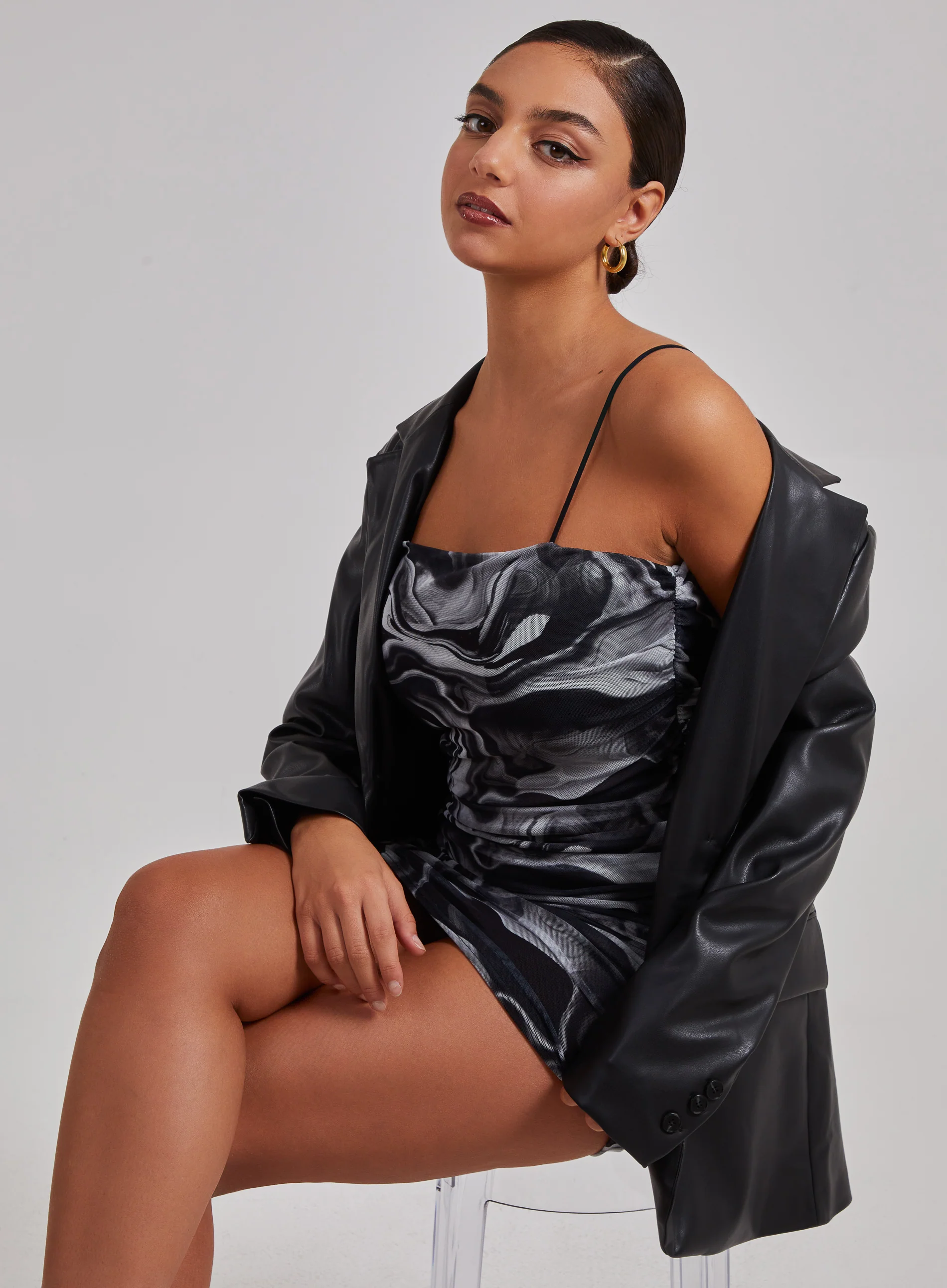 Mesh Marble Ruched Cami Mini Dress - Image 3