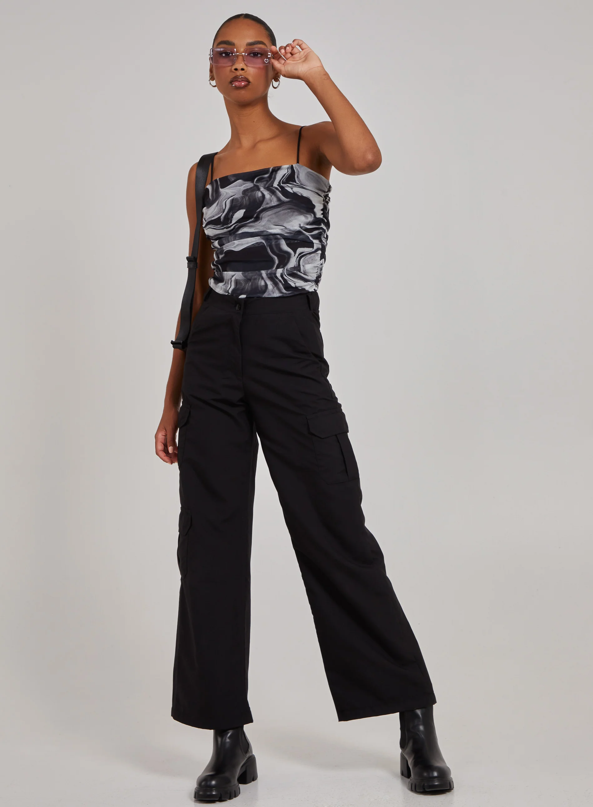 Mesh Marble Ruched Cami Strap Bodysuit - Image 2