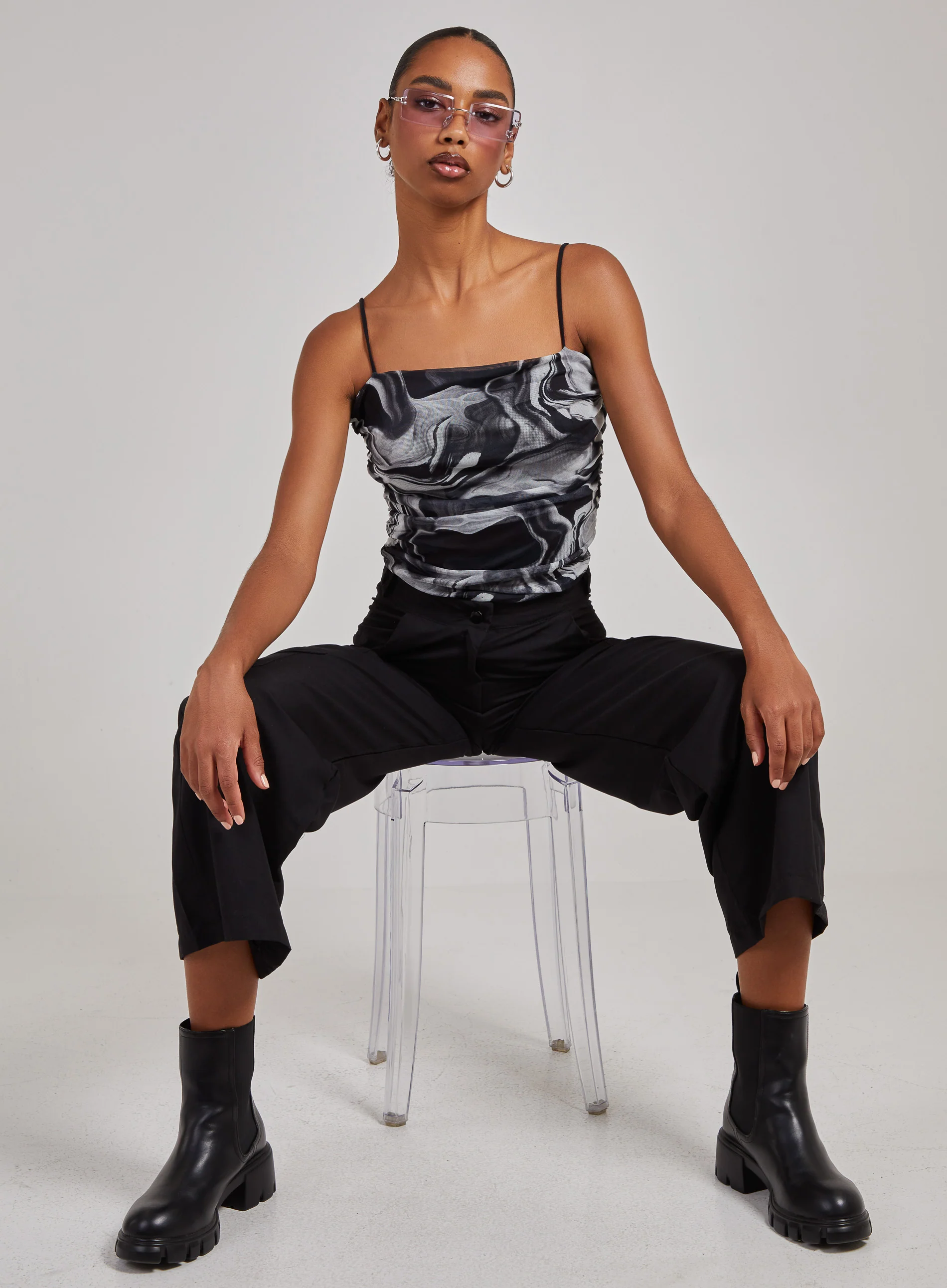 Mesh Marble Ruched Cami Strap Bodysuit - Image 4