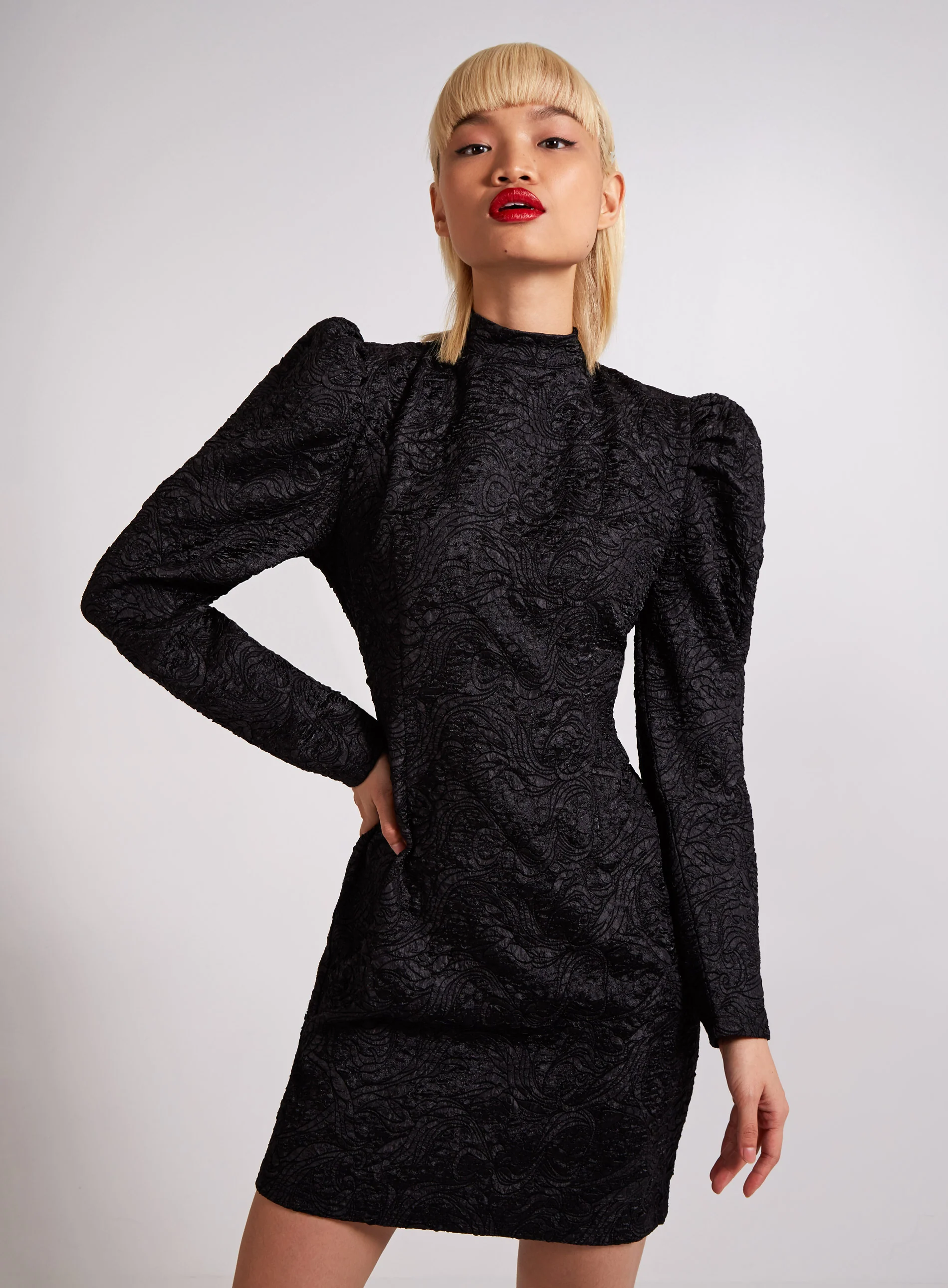 Puff Sleeve High Neck Embossed Dress