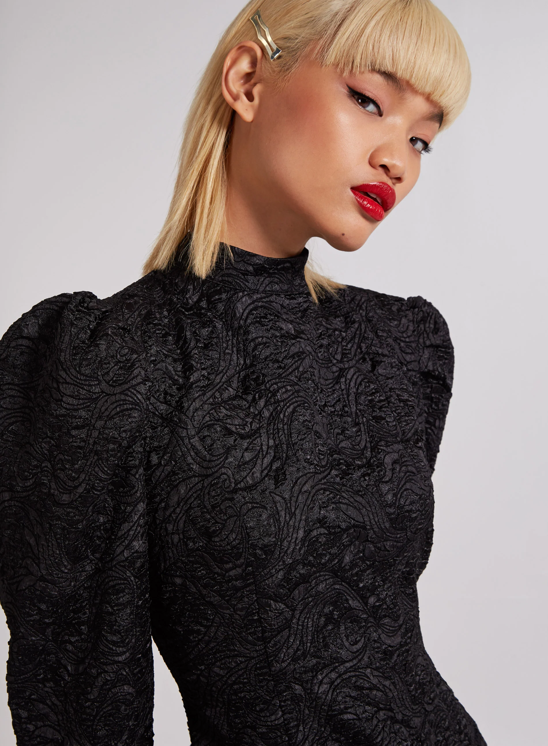 Puff Sleeve High Neck Embossed Dress - Image 4