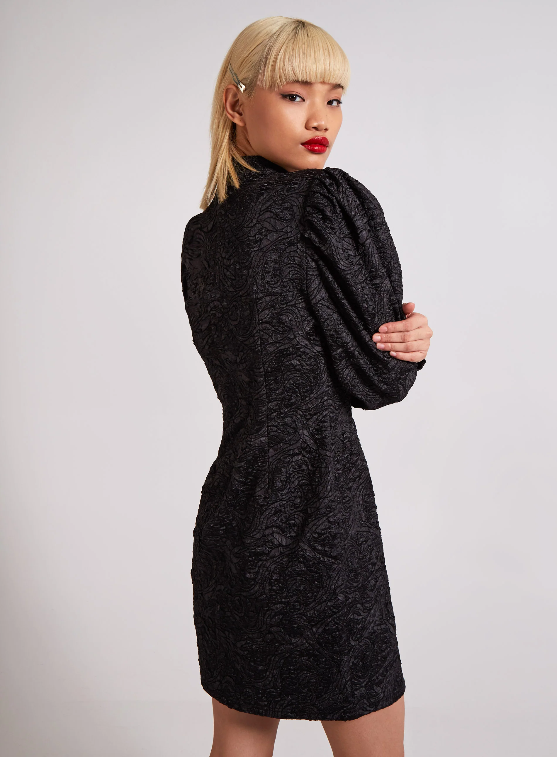 Puff Sleeve High Neck Embossed Dress - Image 5