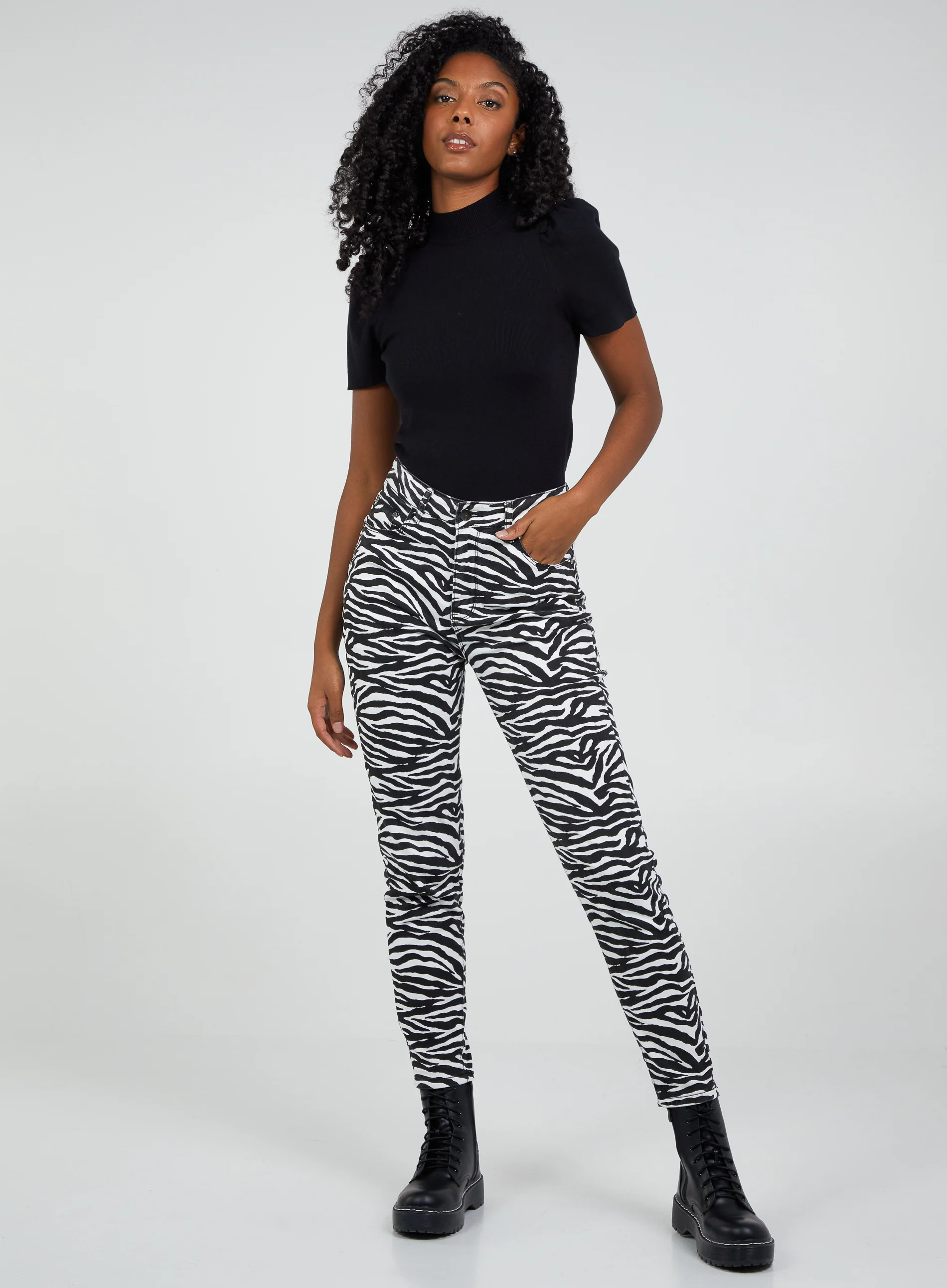 Puff Sleeve Ribbed High Neck Top - Image 2