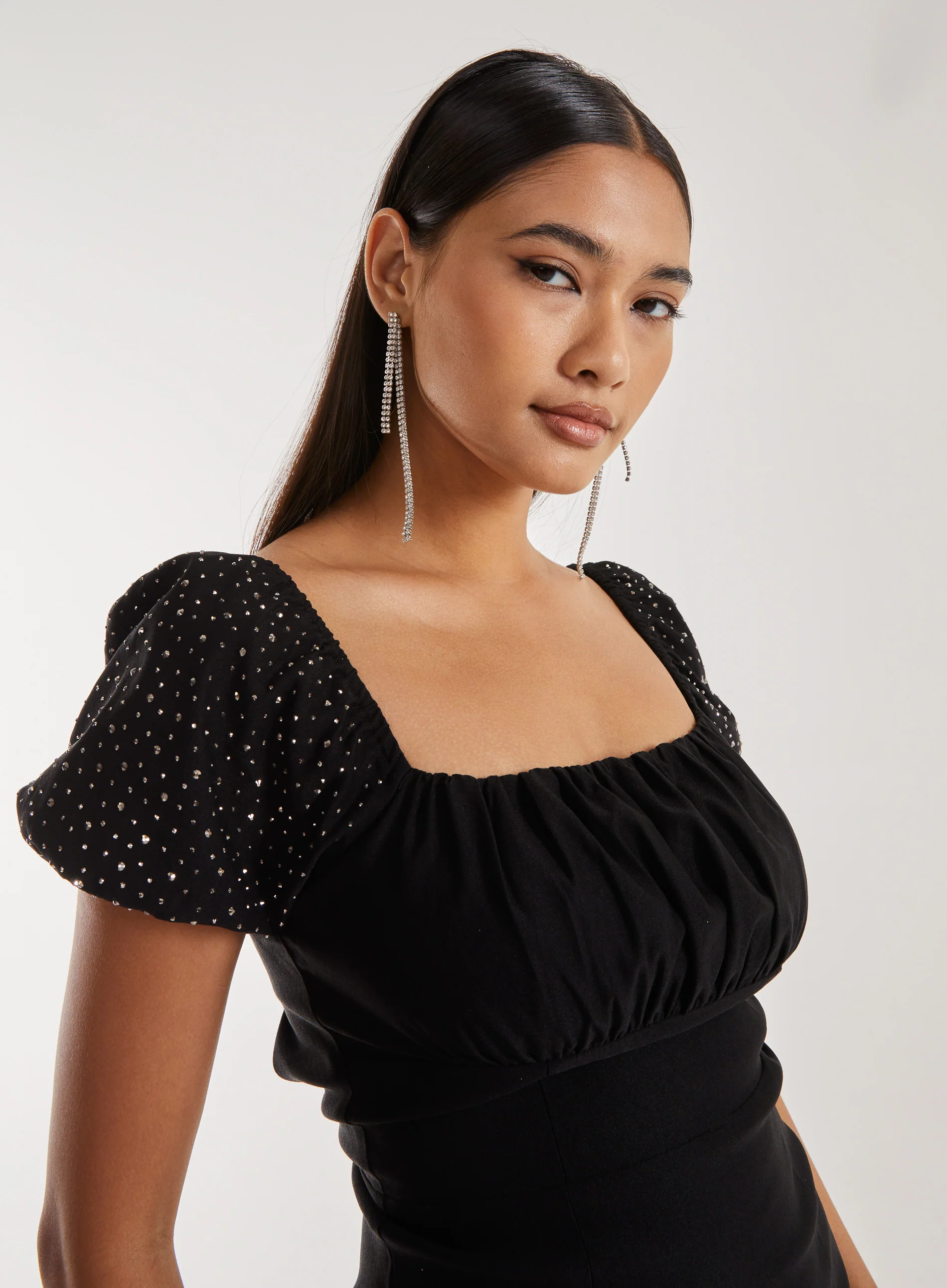 Rhinestone Puff Sleeve Strap Back Dress - Image 4