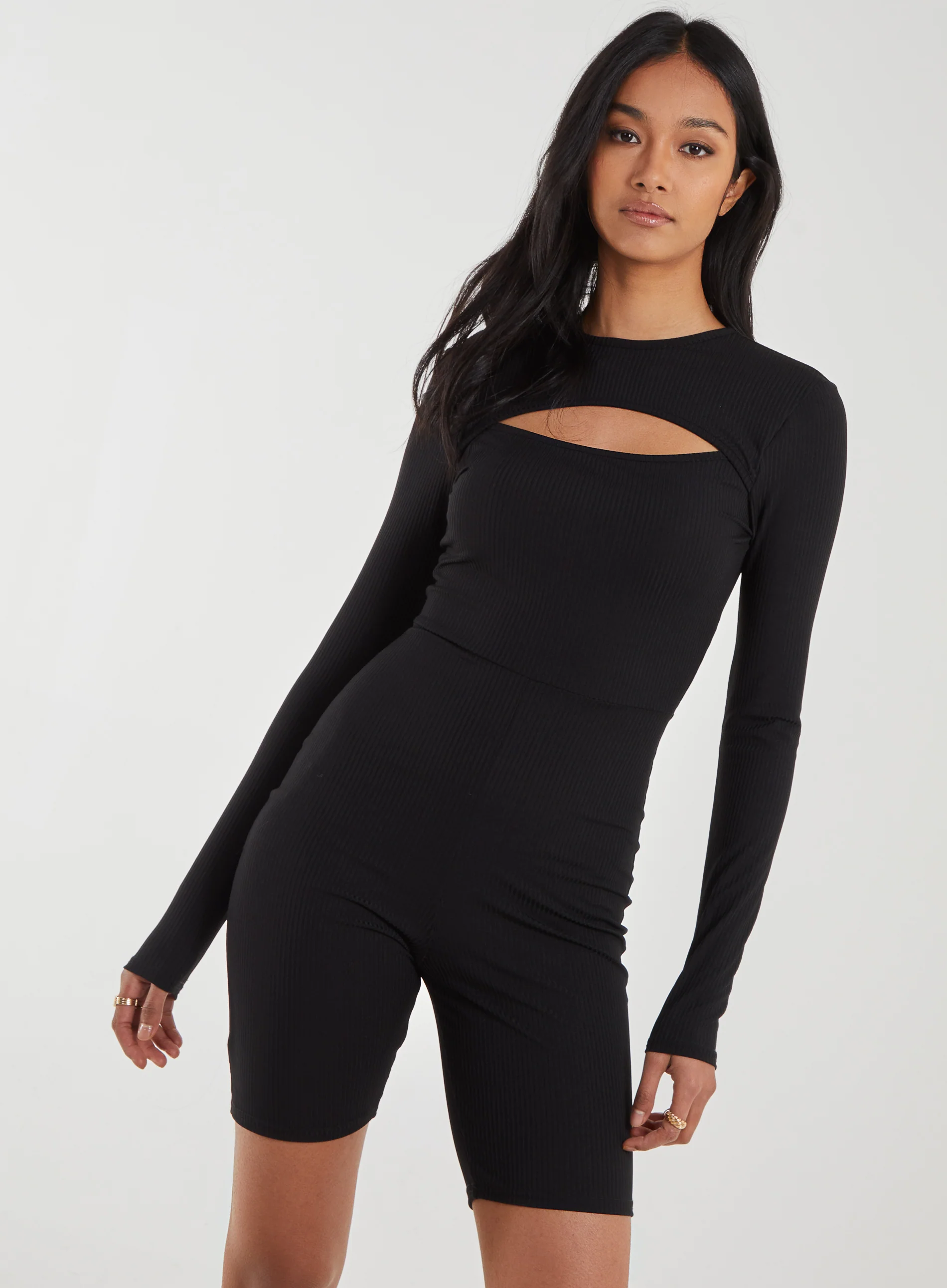 Ribbed Letterbox Long Sleeve Unitard With Cut Out Back - Image 2