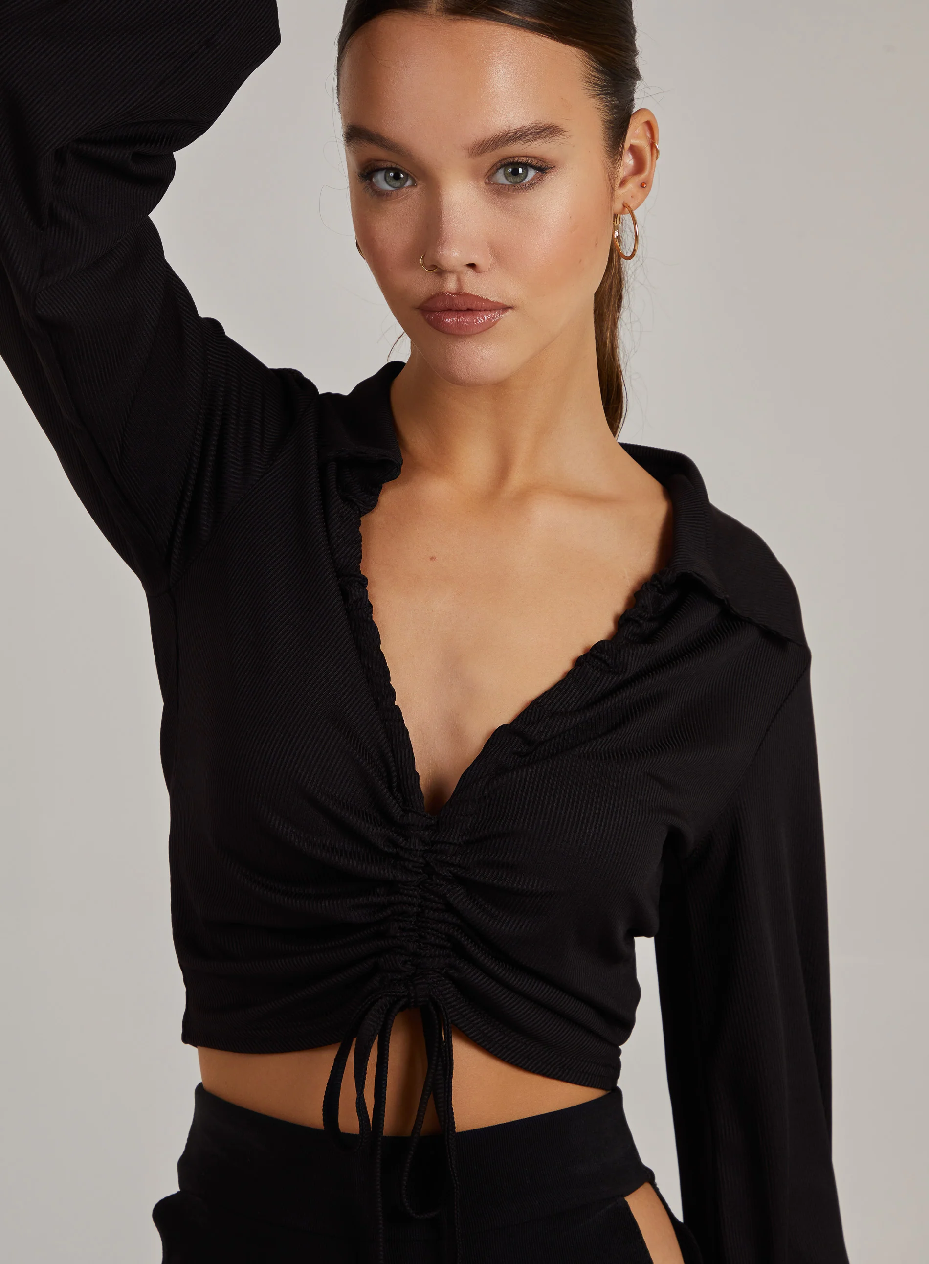 Ribbed Ruched Long Sleeve Collared Shirt - Image 3