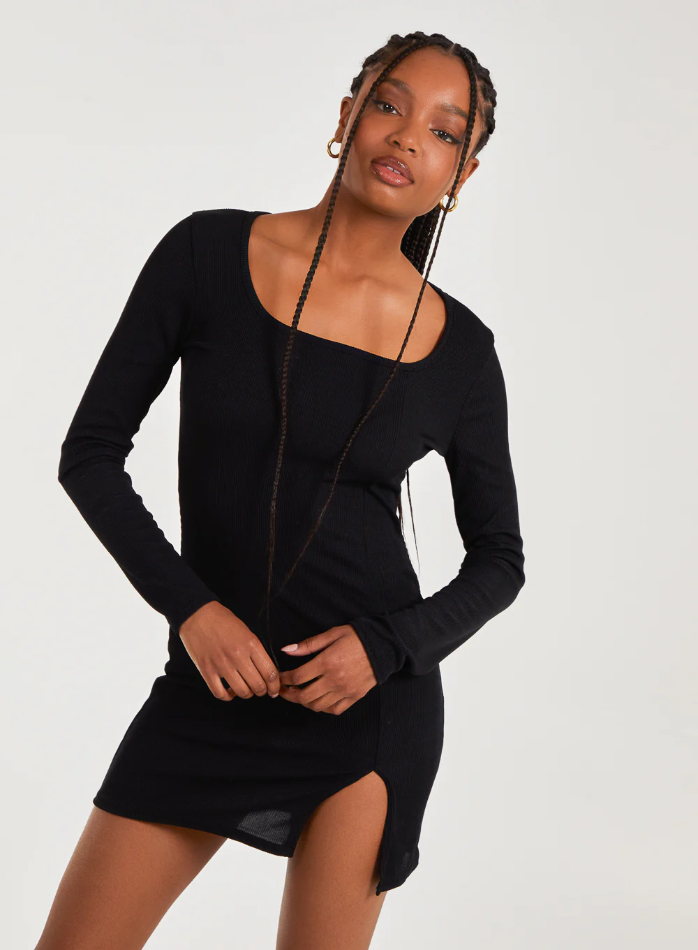 Ribbed Split Hem Square Neck Long Sleeve Dress - Image 3