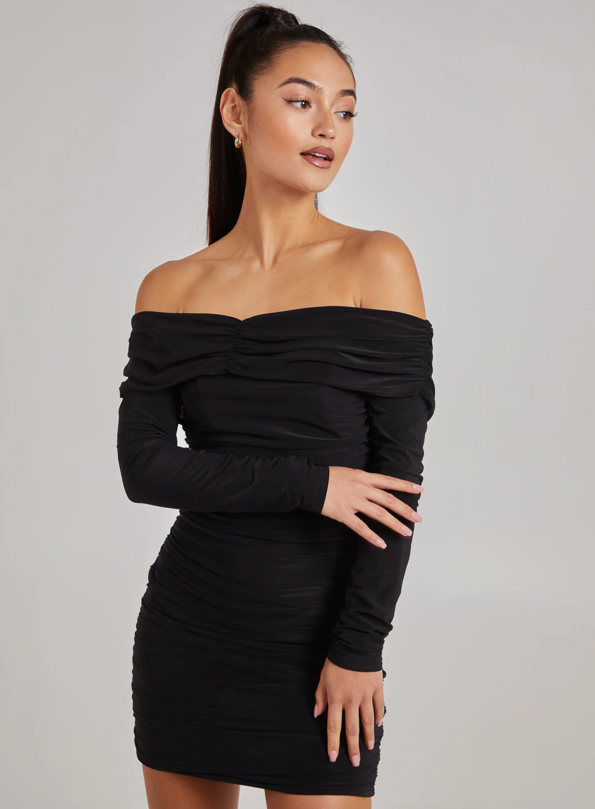 Slinky Bardot Ruched Mini Dress