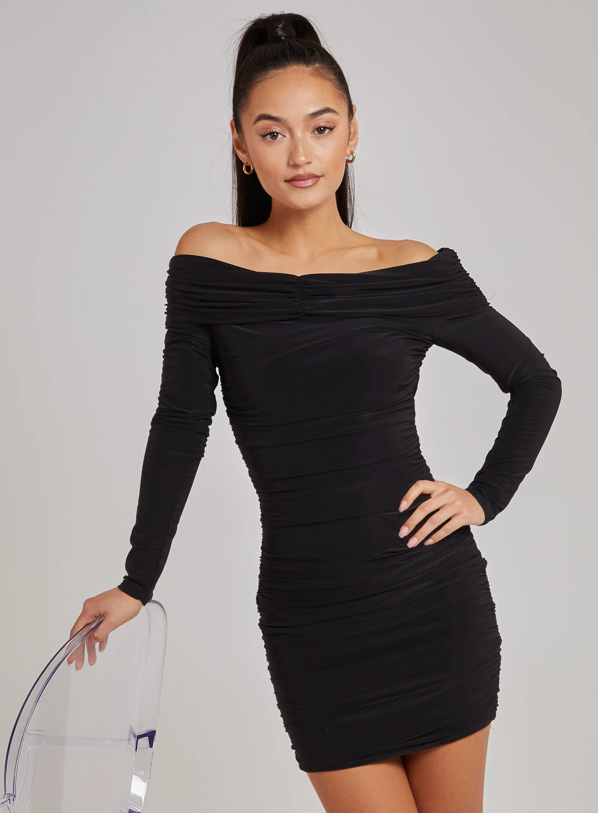 Slinky Bardot Ruched Mini Dress - Image 3