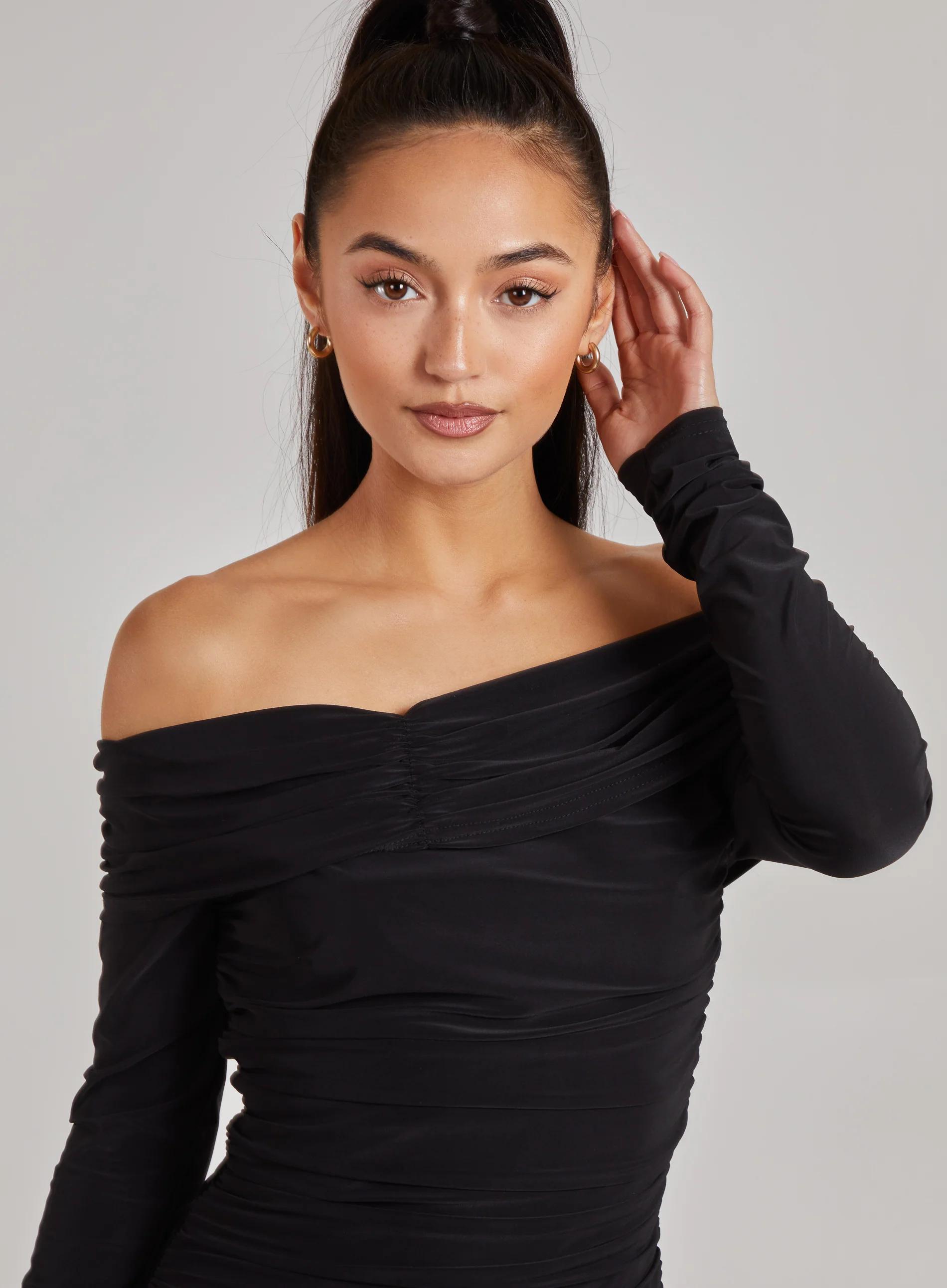 Slinky Bardot Ruched Mini Dress - Image 4