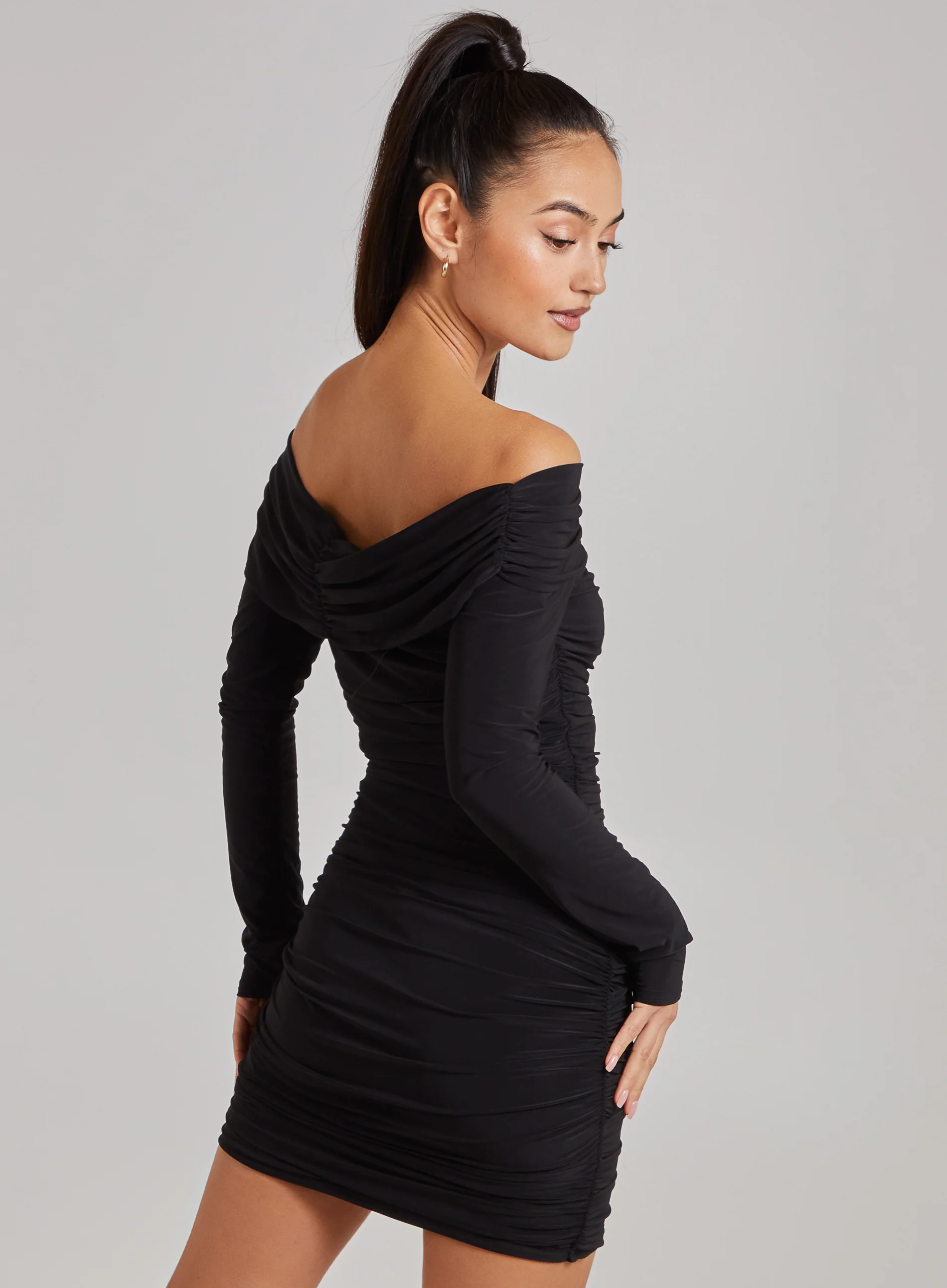 Slinky Bardot Ruched Mini Dress - Image 5