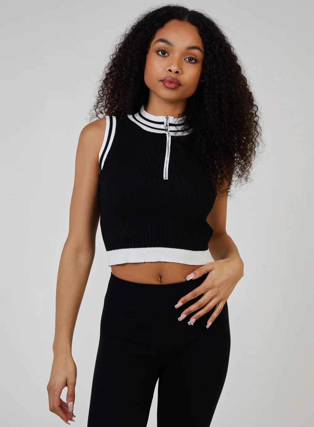 Half Zip Striped High Neck Sleeveless Crop Top - Image 2