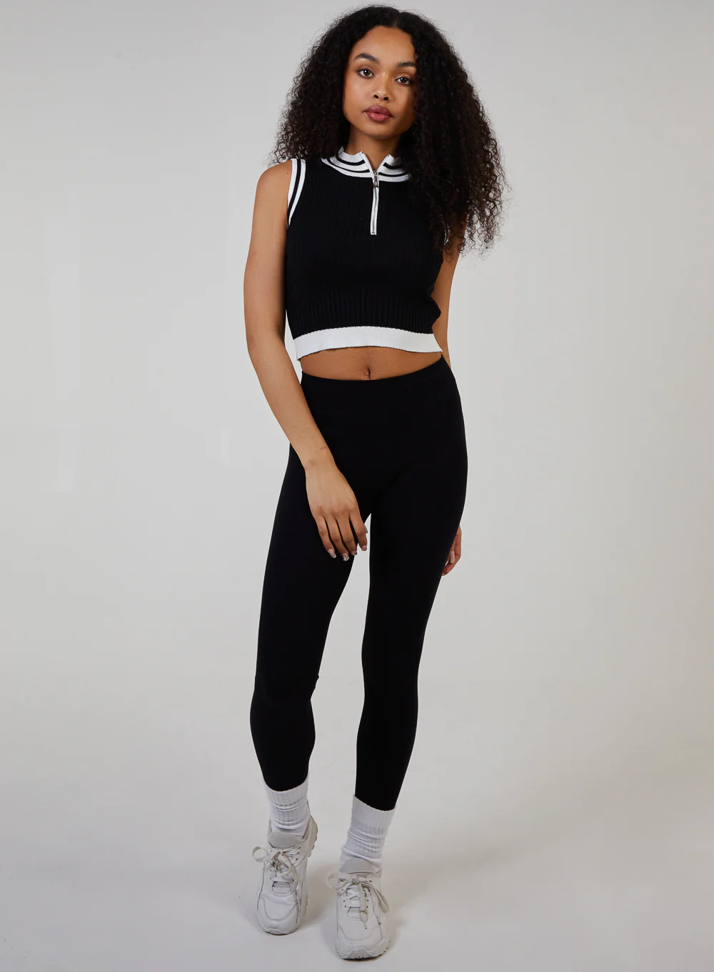 Half Zip Striped High Neck Sleeveless Crop Top - Image 3