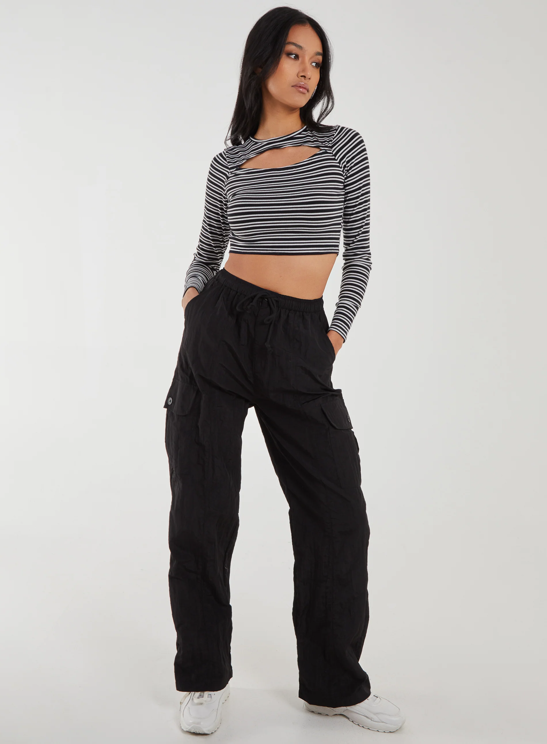 Striped Rib Letterbox Long Sleeve Crop Top - Image 2