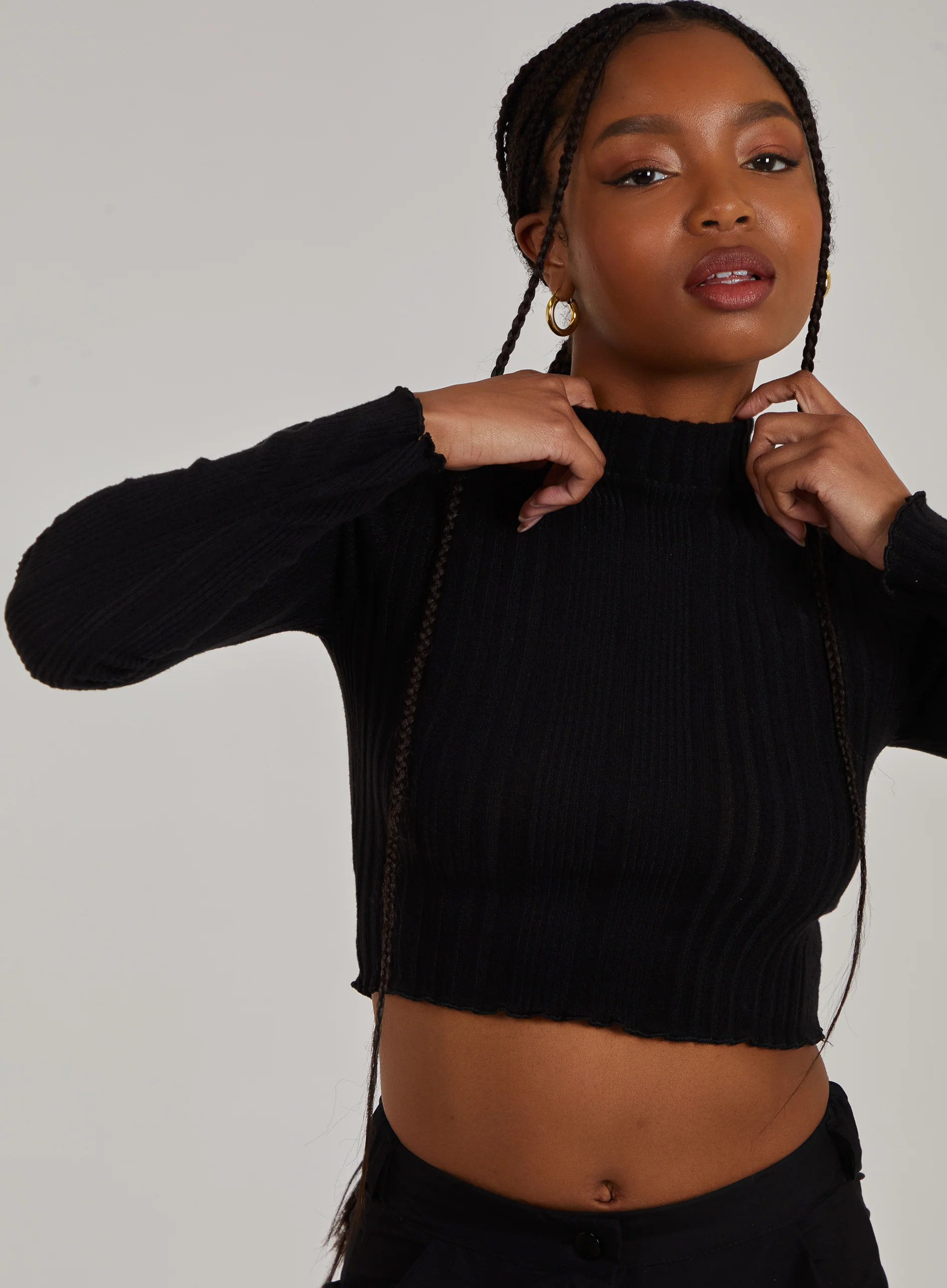Wide Brushed Ribbed Lettuce Hem Long Sleeve Crop Top - Image 3