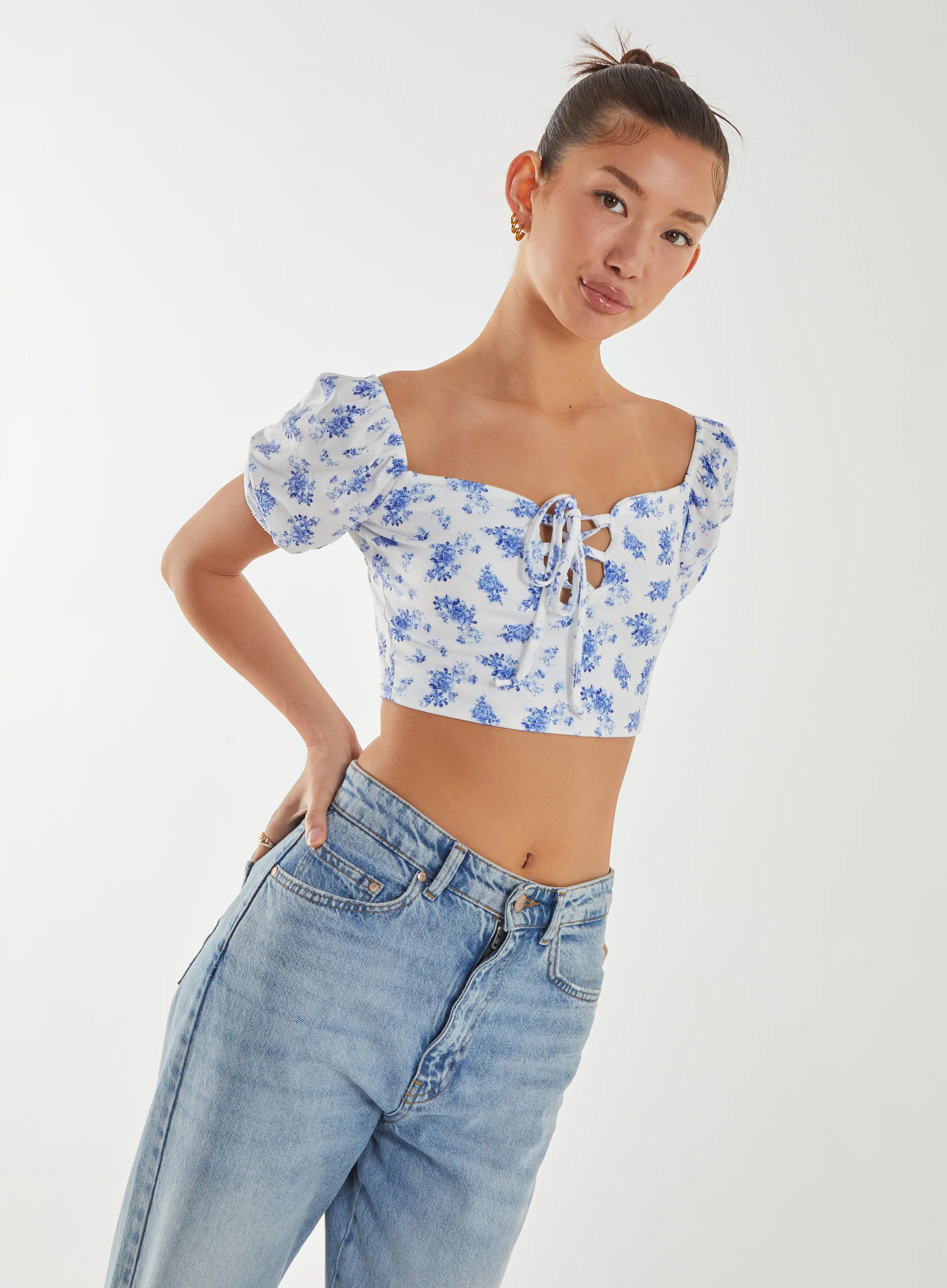 Floral Puff Sleeve Crop Top - Image 3
