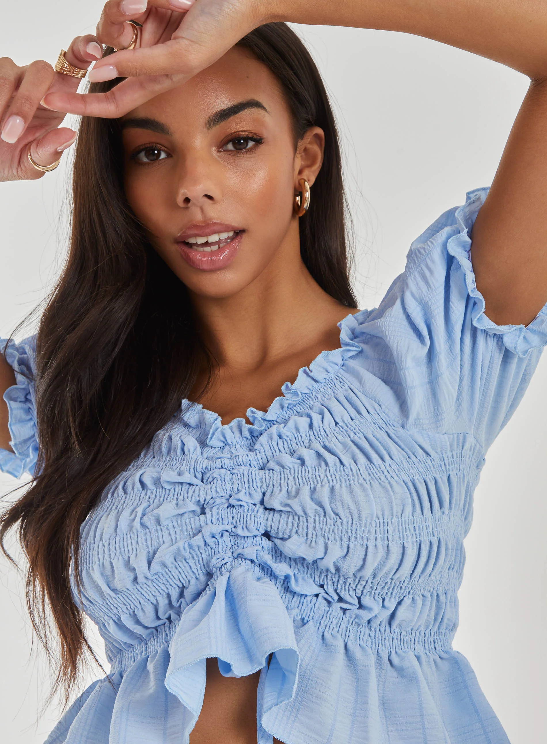 Ruched Puff Sleeve Frill Trim Top - Image 3