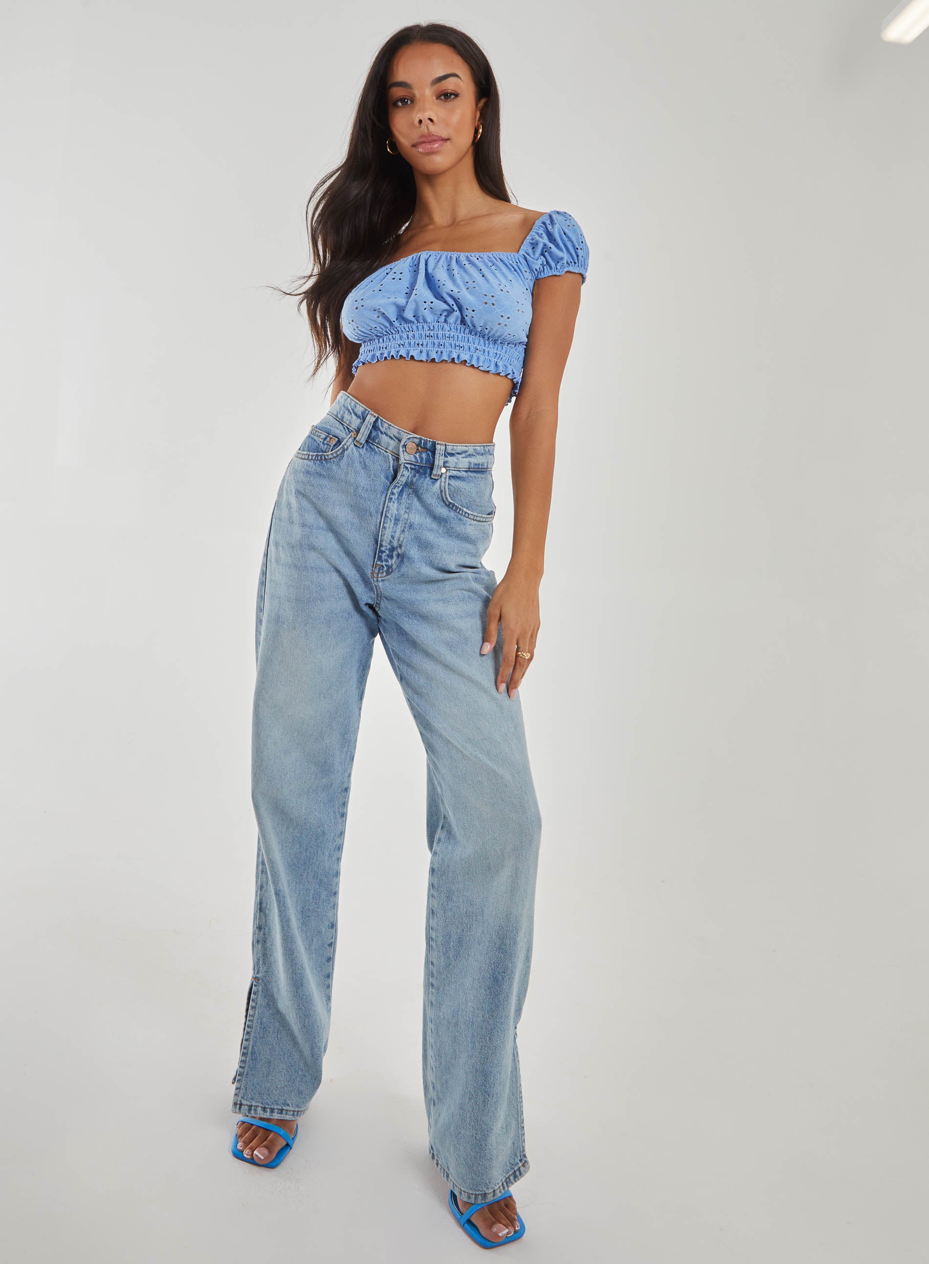 Square Neck Cropped Broderie Top - Image 2