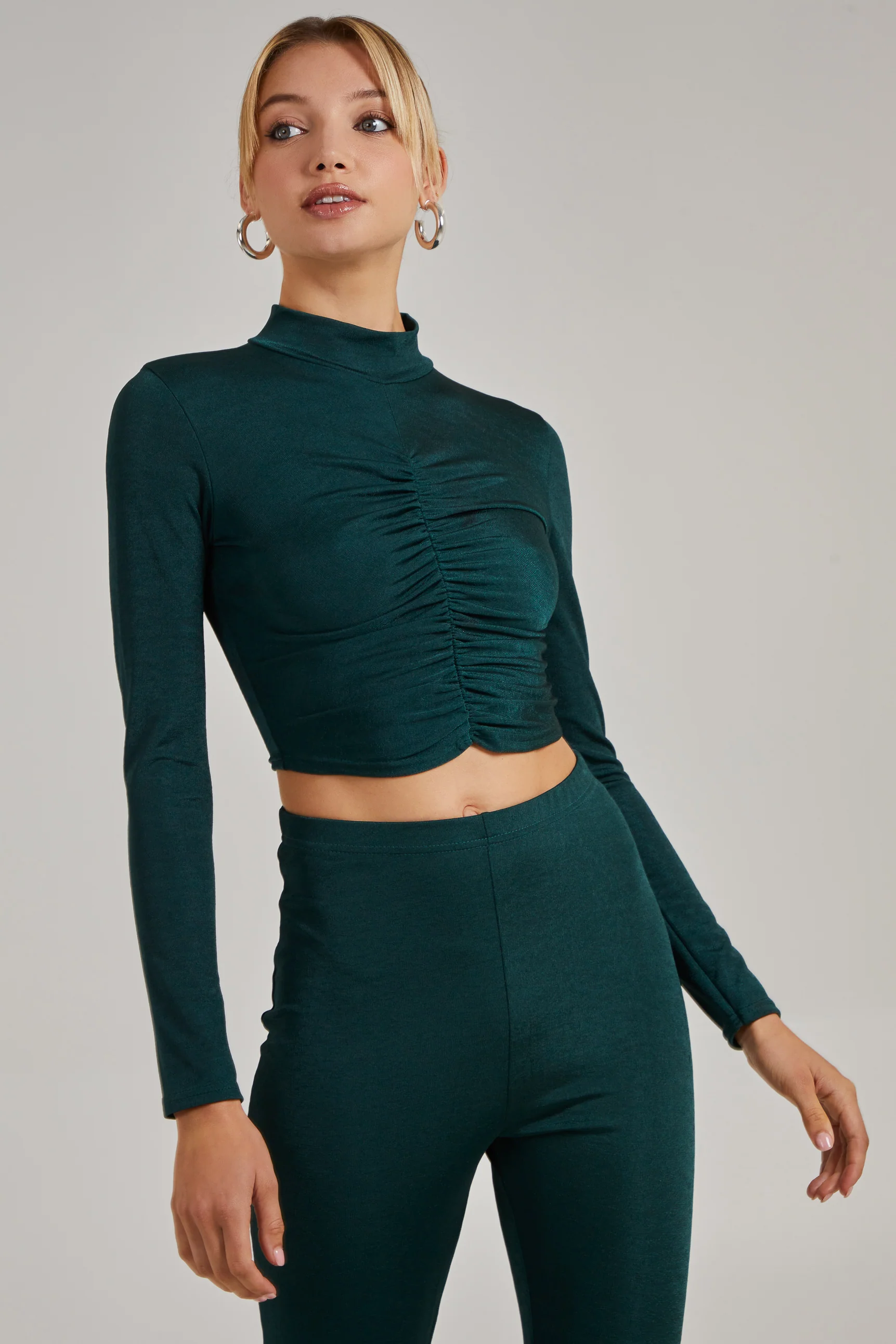 Shimmer Ruched Long Sleeve High Neck Top - Image 2