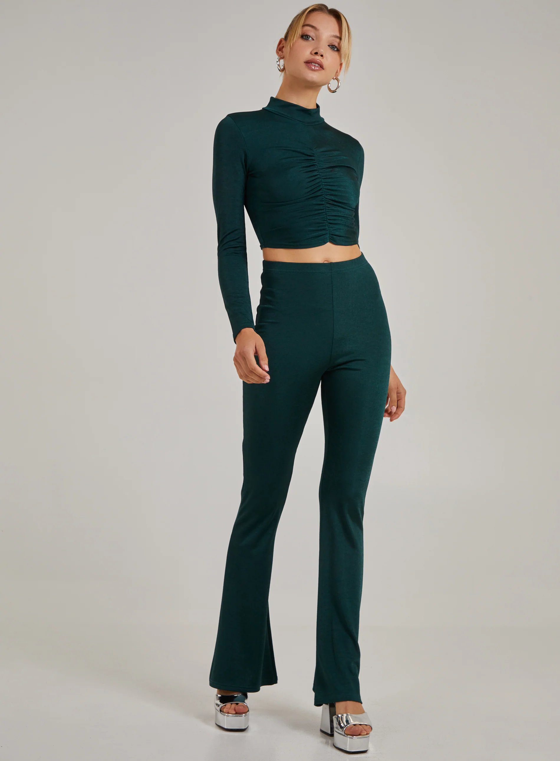 Shimmer Ruched Long Sleeve High Neck Top - Image 3