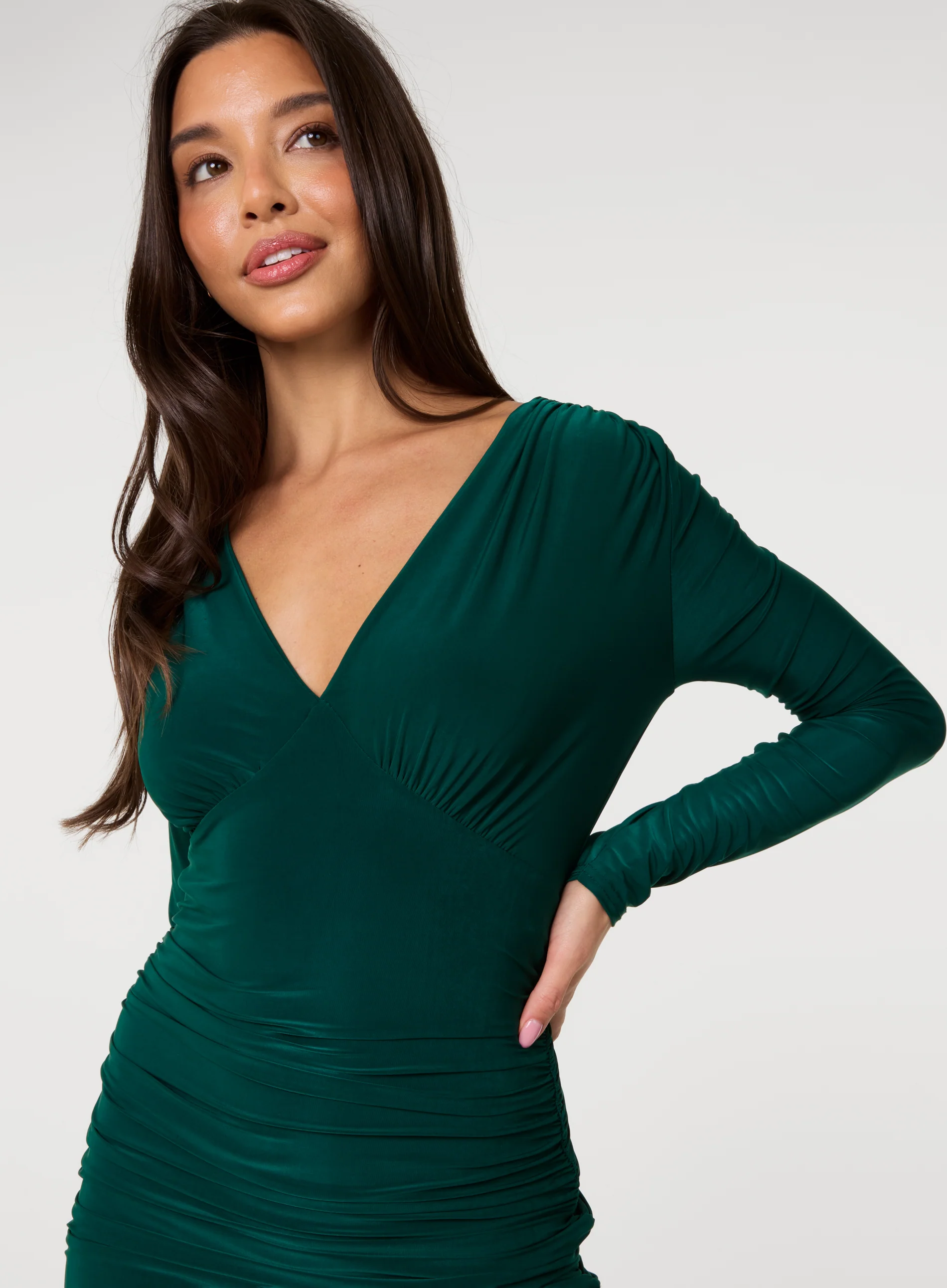 V Neck Slinky Long Sleeve Dress - Image 3
