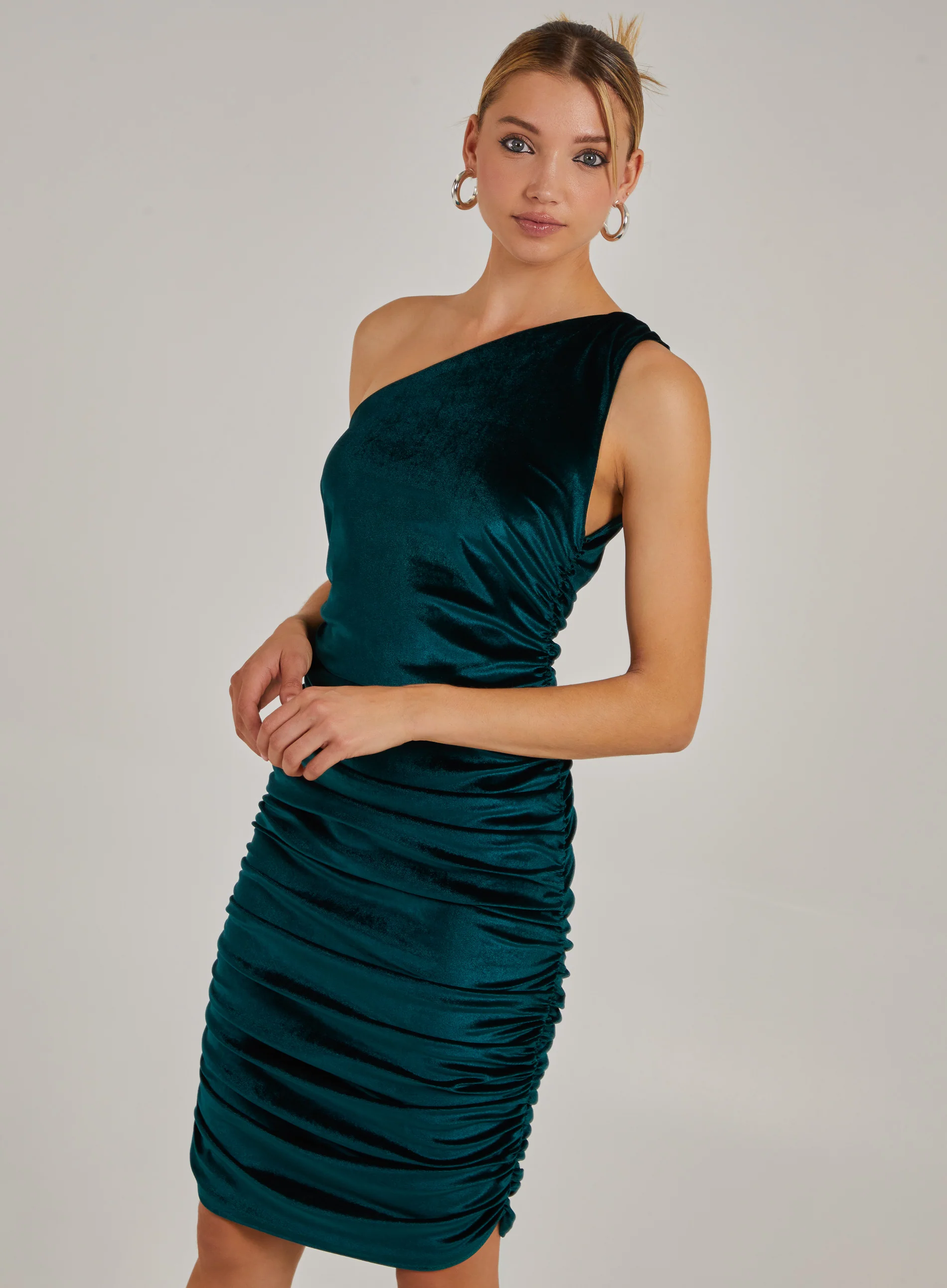 Velvet Ruched One Shoulder Midi Dress - Image 3