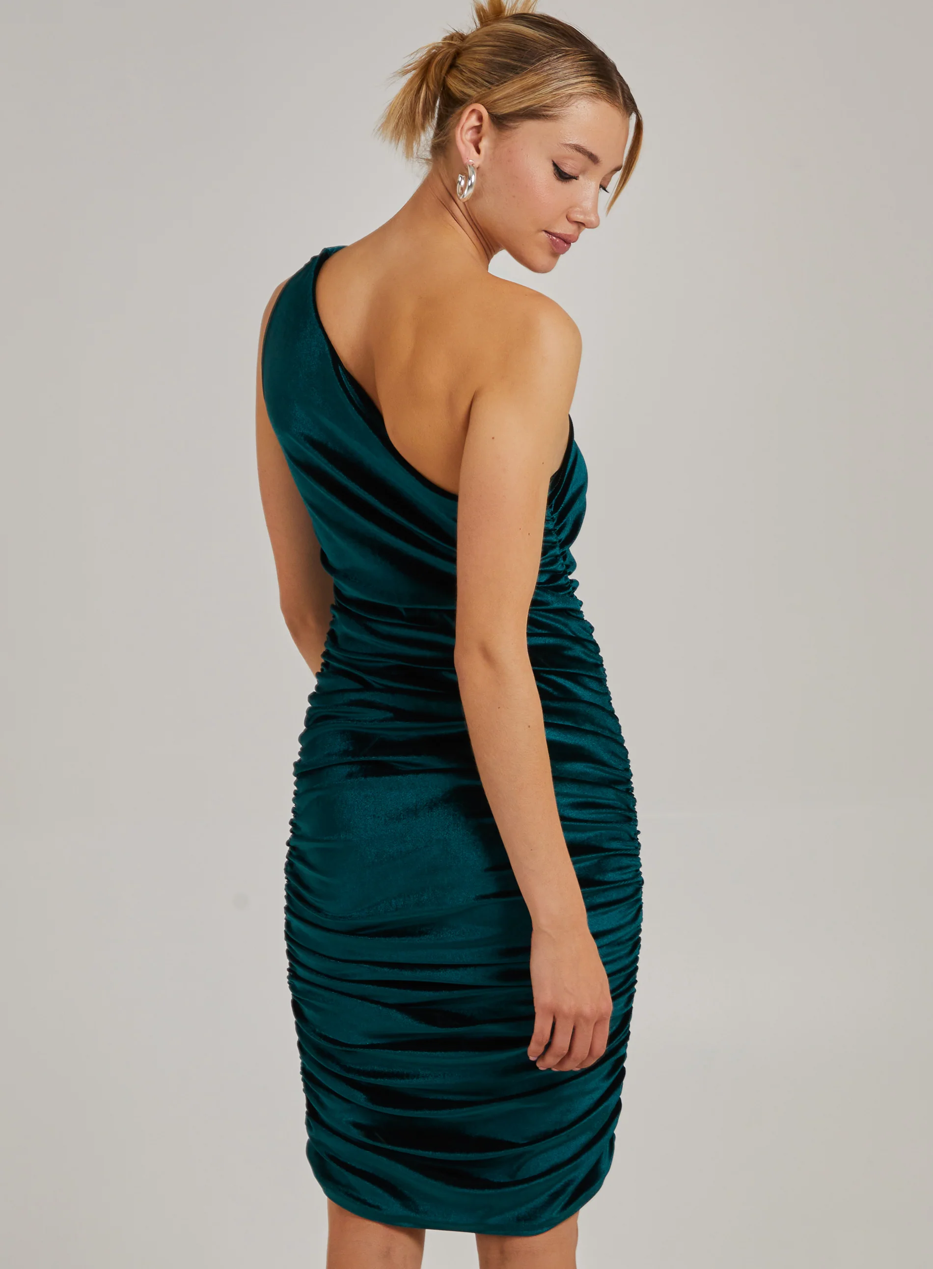 Velvet Ruched One Shoulder Midi Dress - Image 5