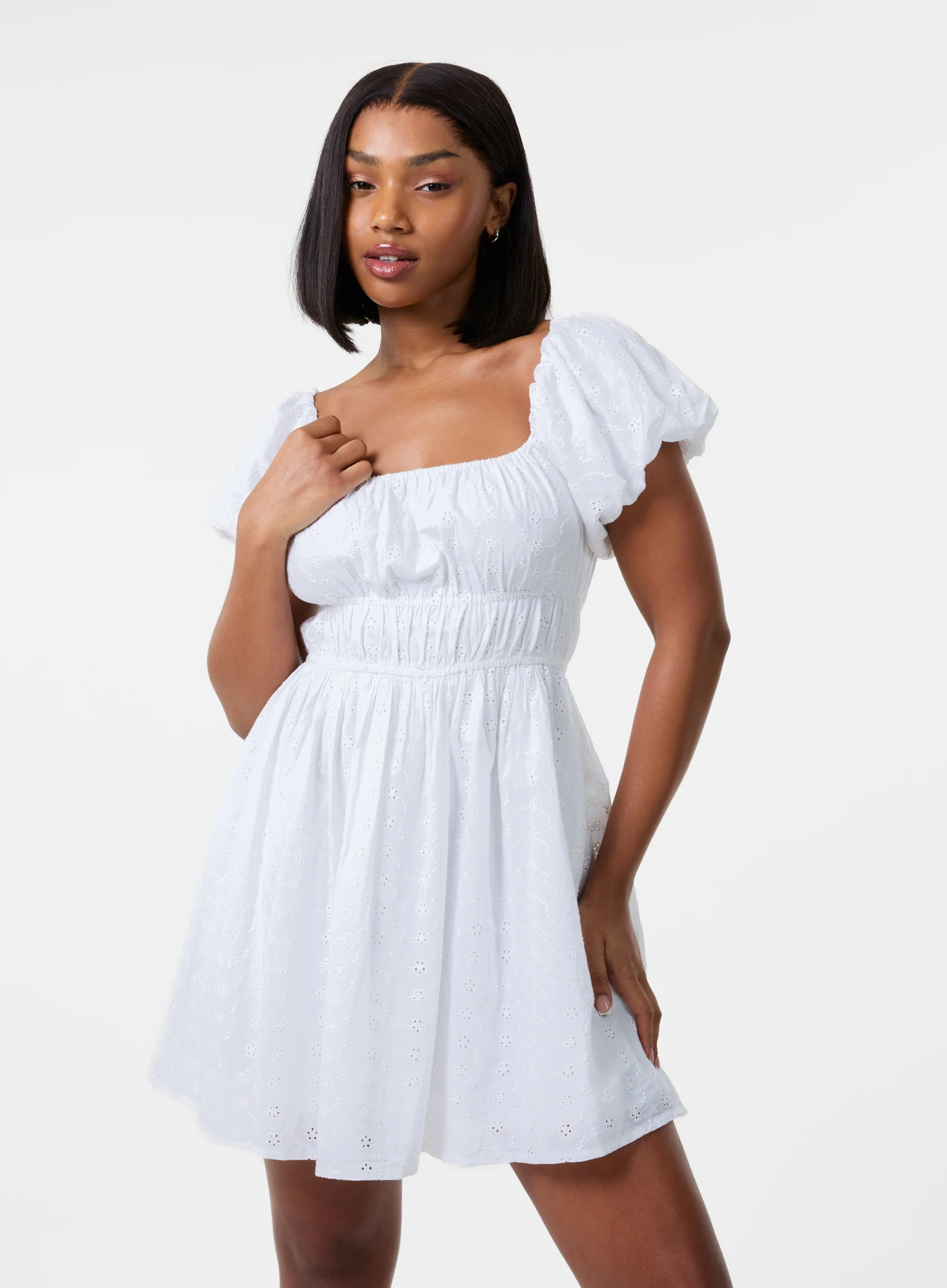Broderie Puff Sleeve Mini Dress With Shorts - Image 2