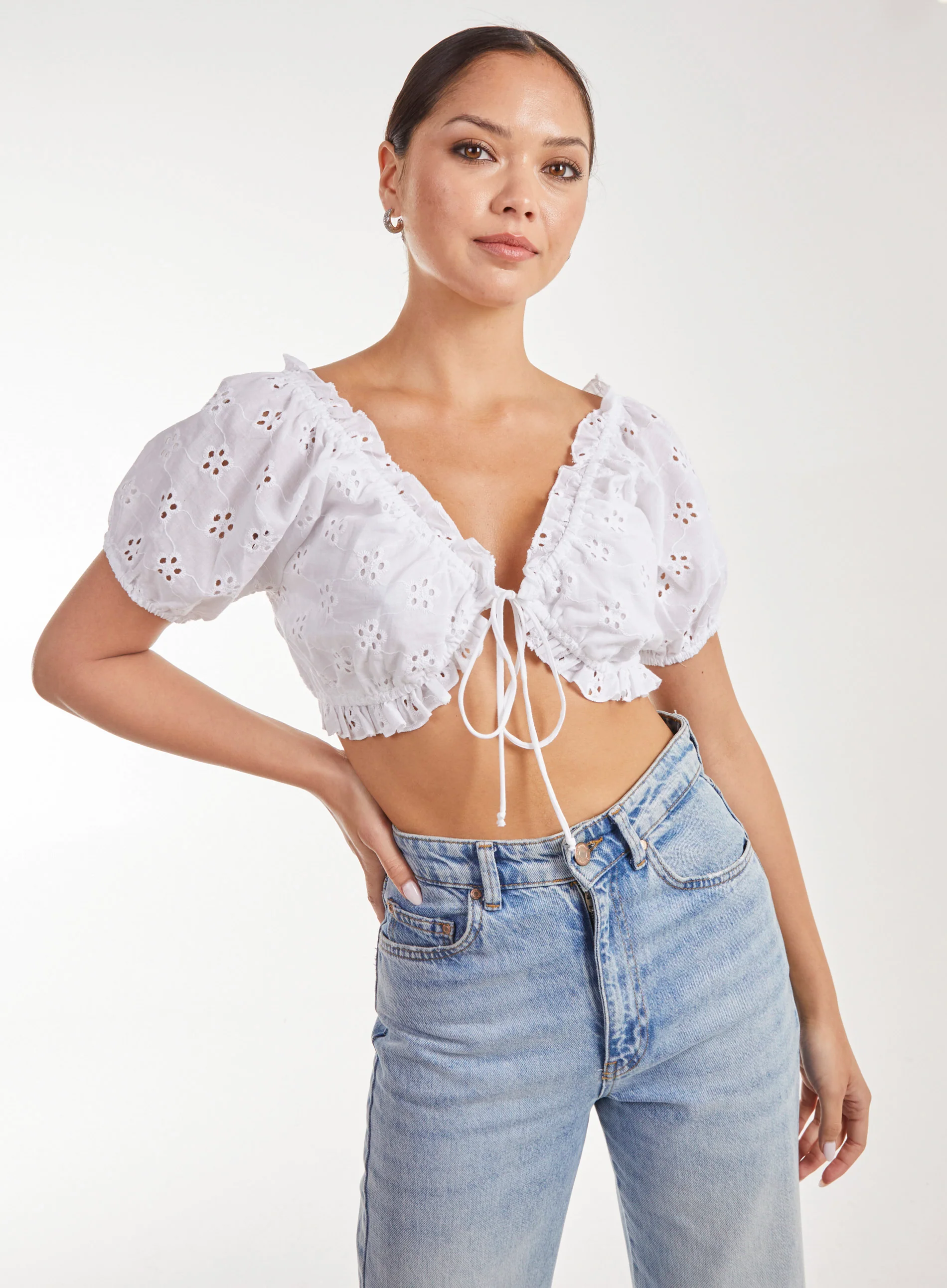 Broderie Puff Sleeve Tie Top - Image 2