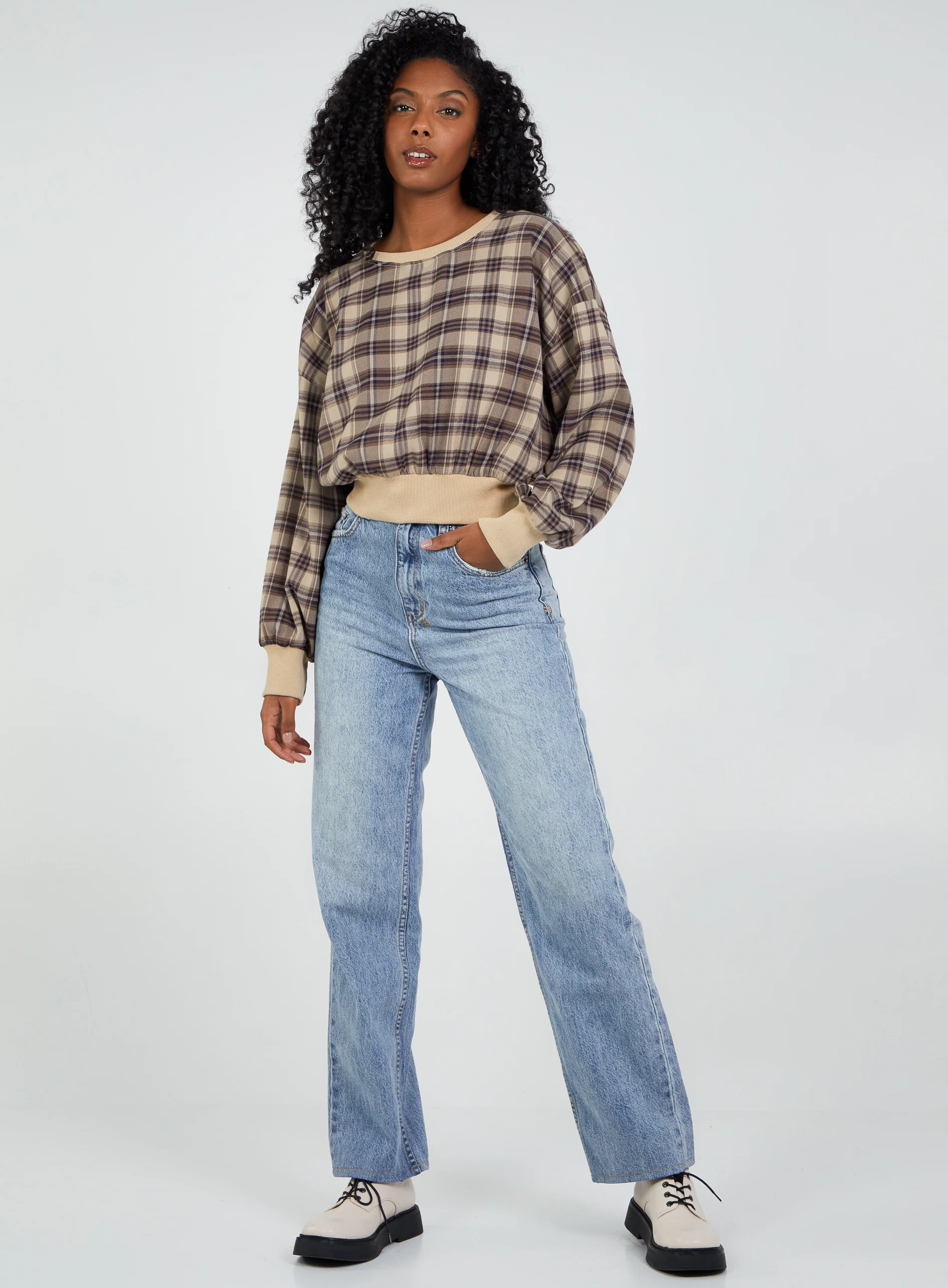 Oversized Cropped Check Sweatshirt - Image 2
