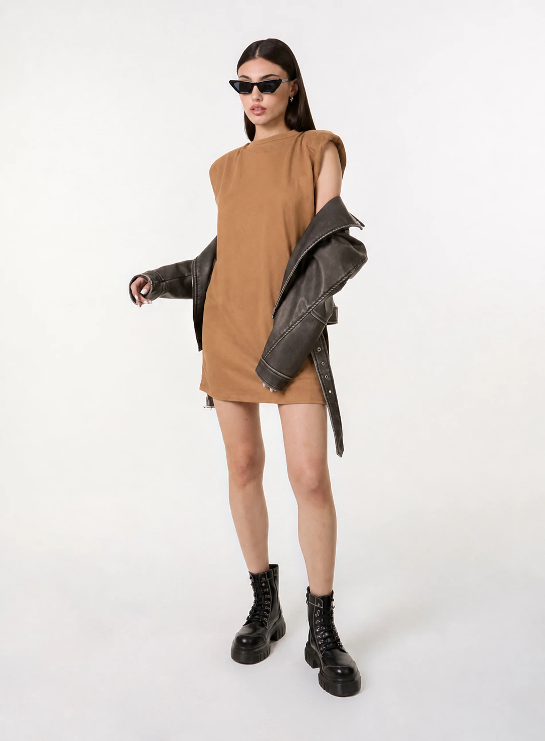Suedette Shoulder Pads Sleeveless Dress