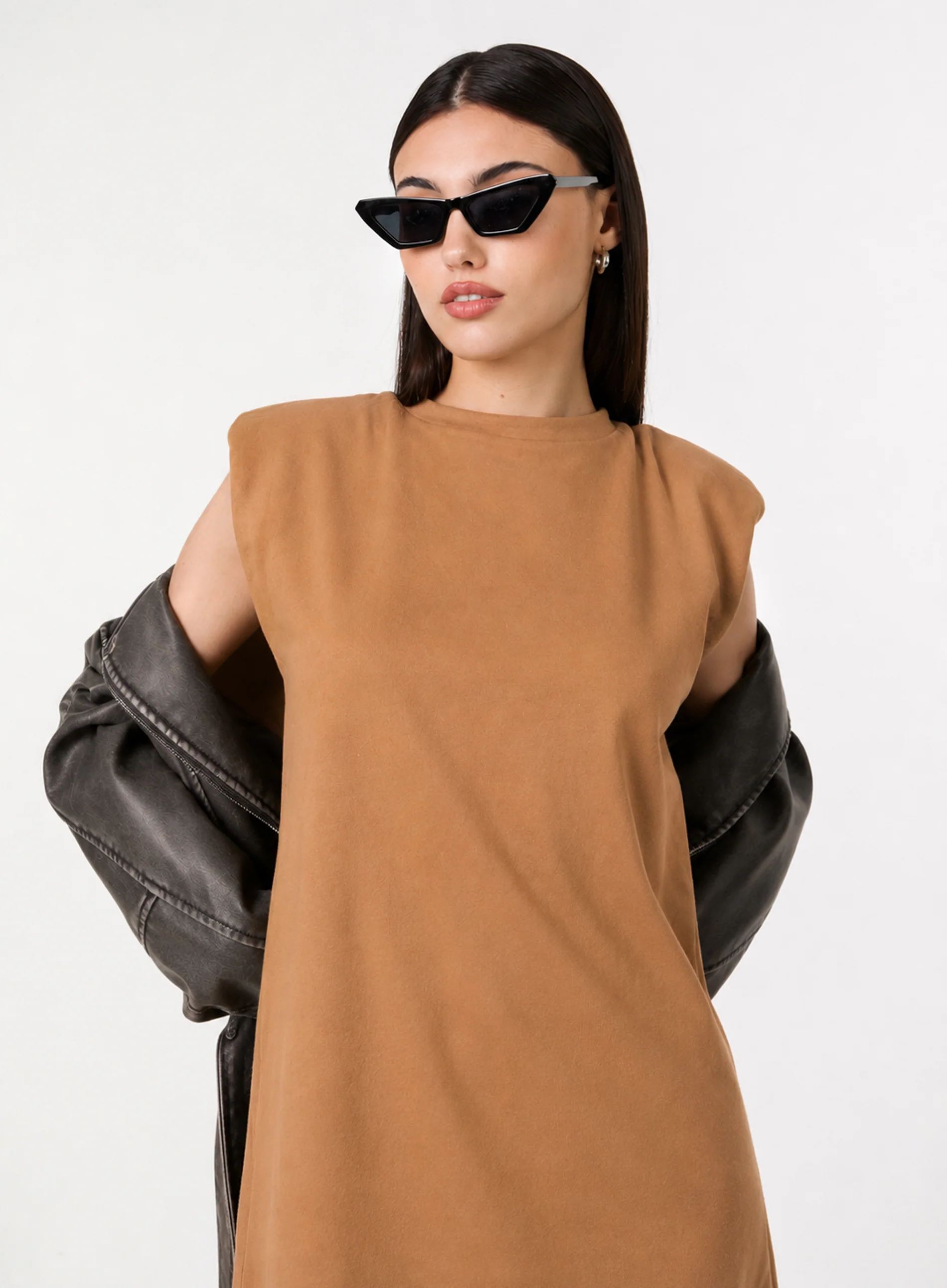 Suedette Shoulder Pads Sleeveless Dress - Image 3